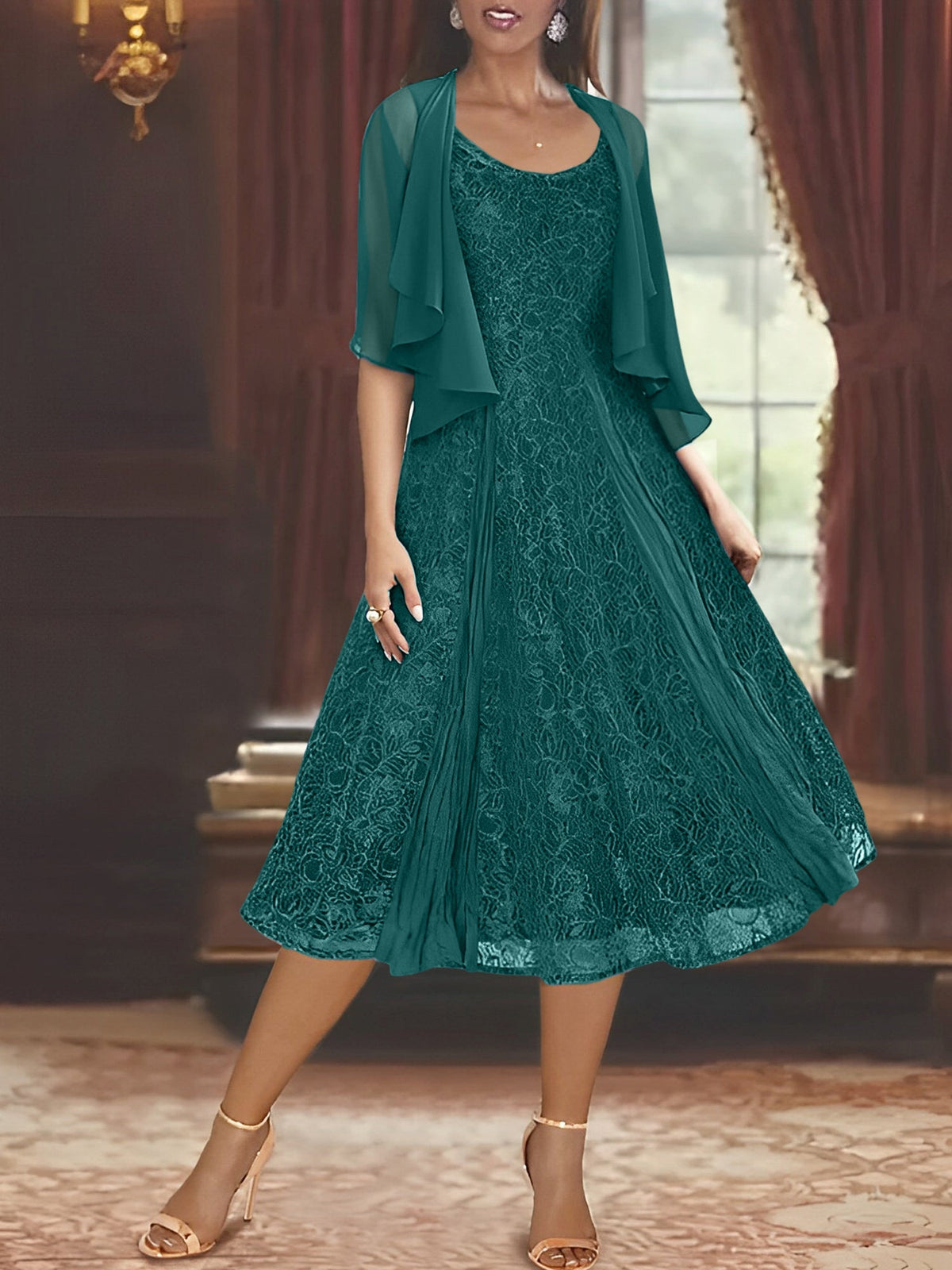 A Line Tea Length Mother of the Bride Dress with Scoop Neck Half Sleeves Appliques and Jacket