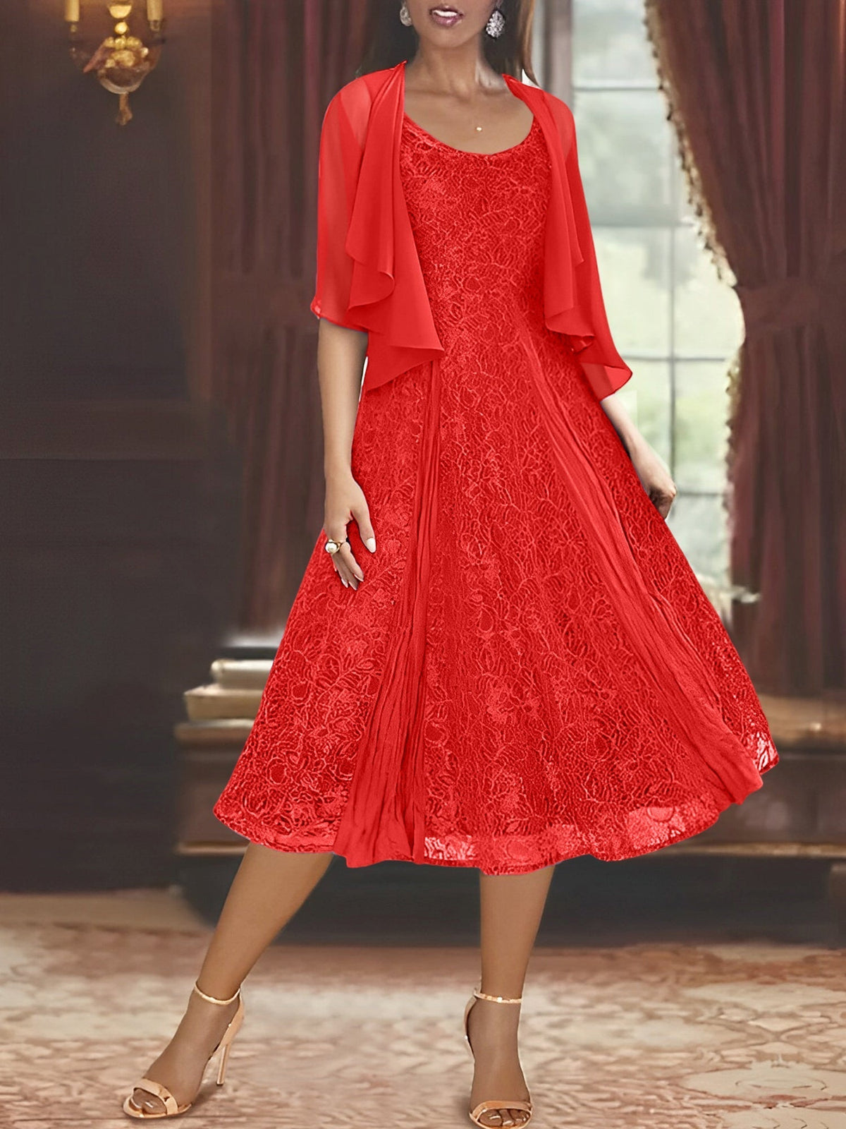 A Line Tea Length Mother of the Bride Dress with Scoop Neck Half Sleeves Appliques and Jacket