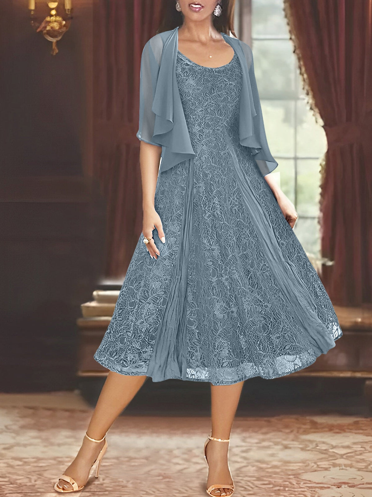 A Line Tea Length Mother of the Bride Dress with Scoop Neck Half Sleeves Appliques and Jacket