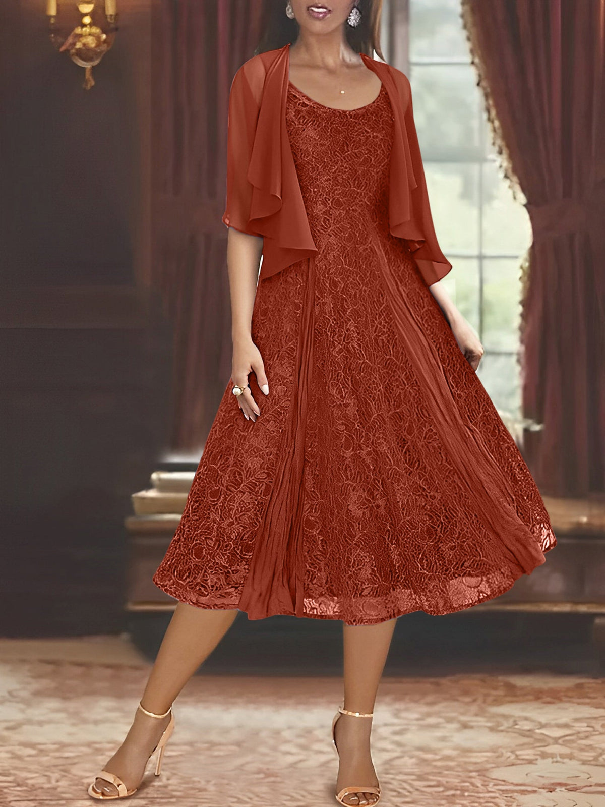 A Line Tea Length Mother of the Bride Dress with Scoop Neck Half Sleeves Appliques and Jacket