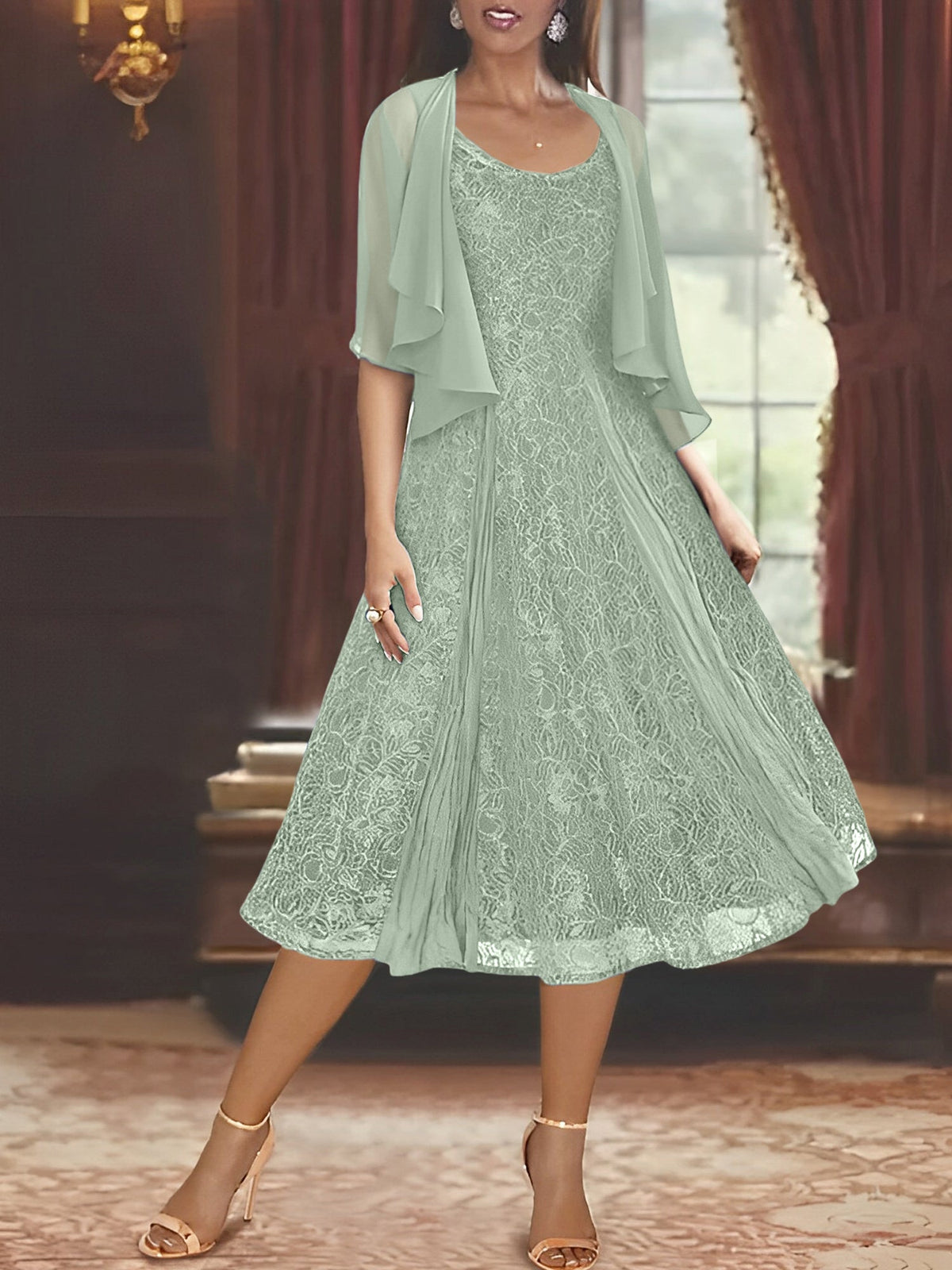 A Line Tea Length Mother of the Bride Dress with Scoop Neck Half Sleeves Appliques and Jacket