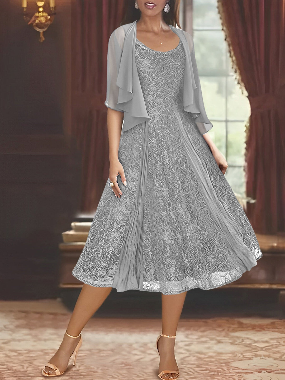A Line Tea Length Mother of the Bride Dress with Scoop Neck Half Sleeves Appliques and Jacket