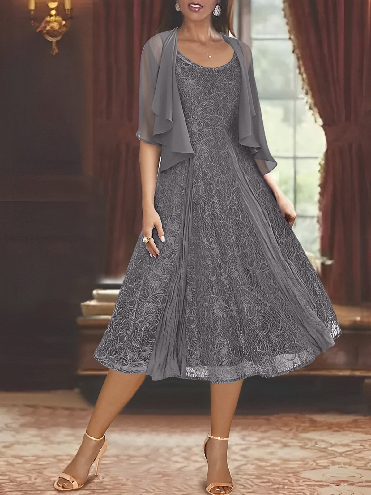 A Line Tea Length Mother of the Bride Dress with Scoop Neck Half Sleeves Appliques and Jacket