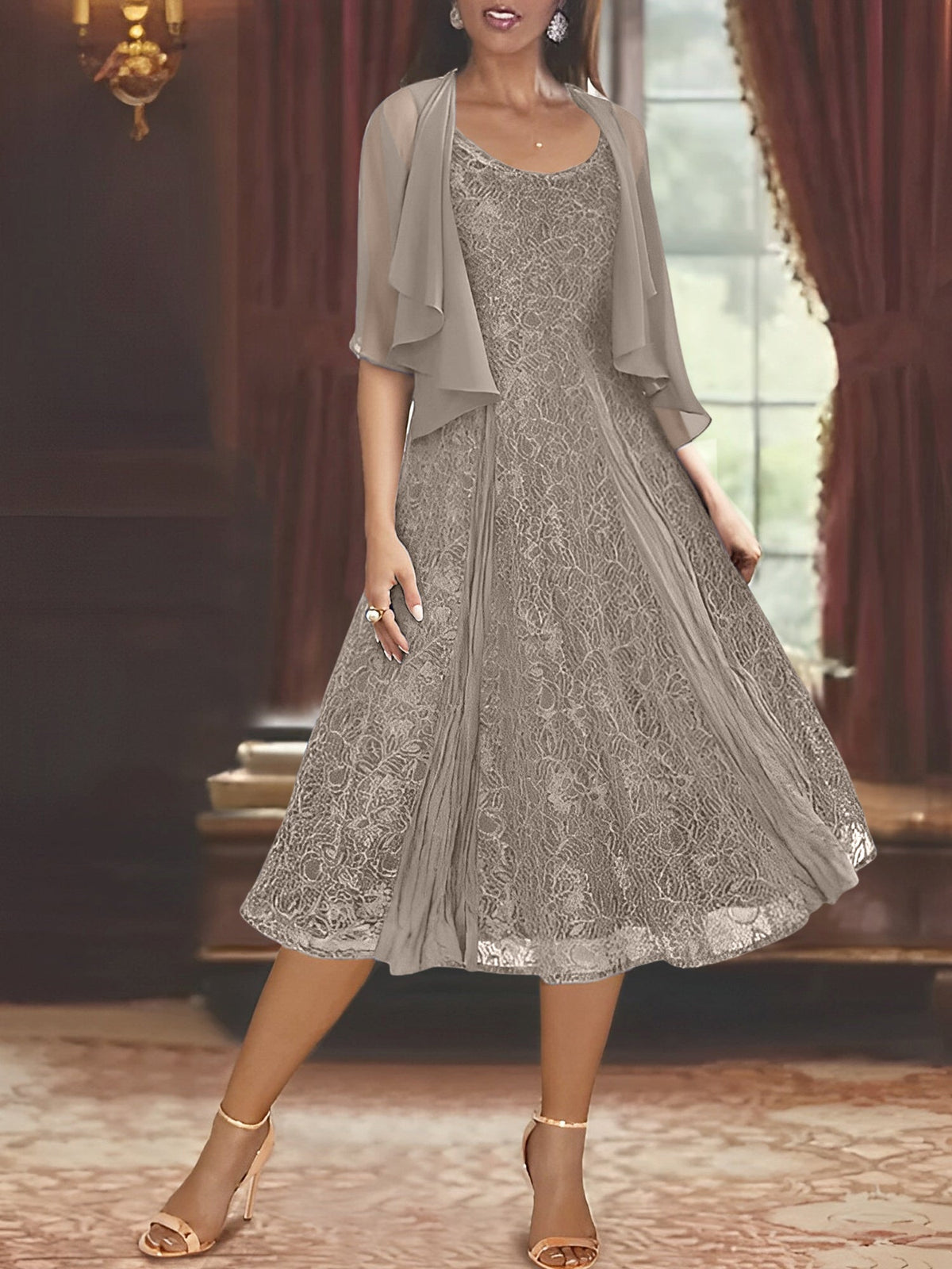 A Line Tea Length Mother of the Bride Dress with Scoop Neck Half Sleeves Appliques and Jacket