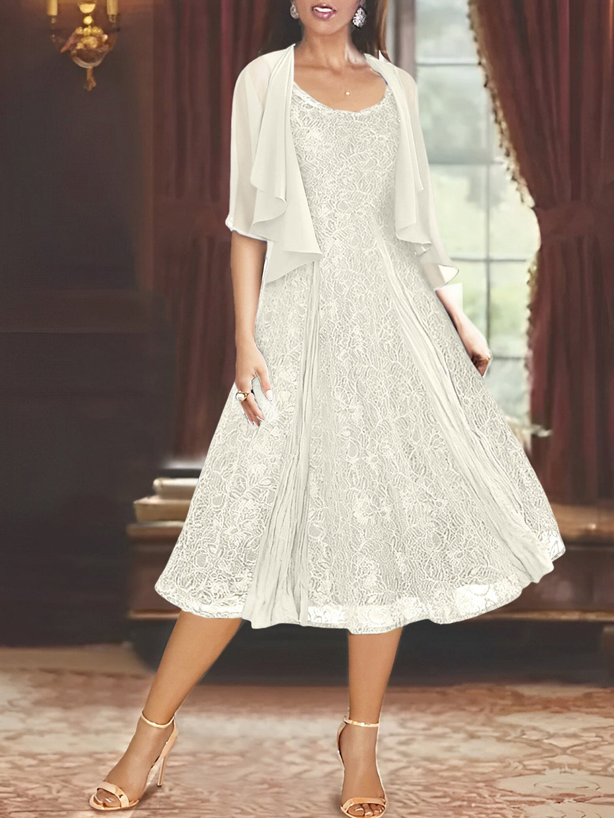 A Line Tea Length Mother of the Bride Dress with Scoop Neck Half Sleeves Appliques and Jacket