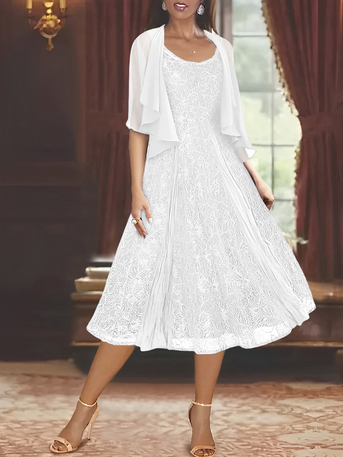 A Line Tea Length Mother of the Bride Dress with Scoop Neck Half Sleeves Appliques and Jacket