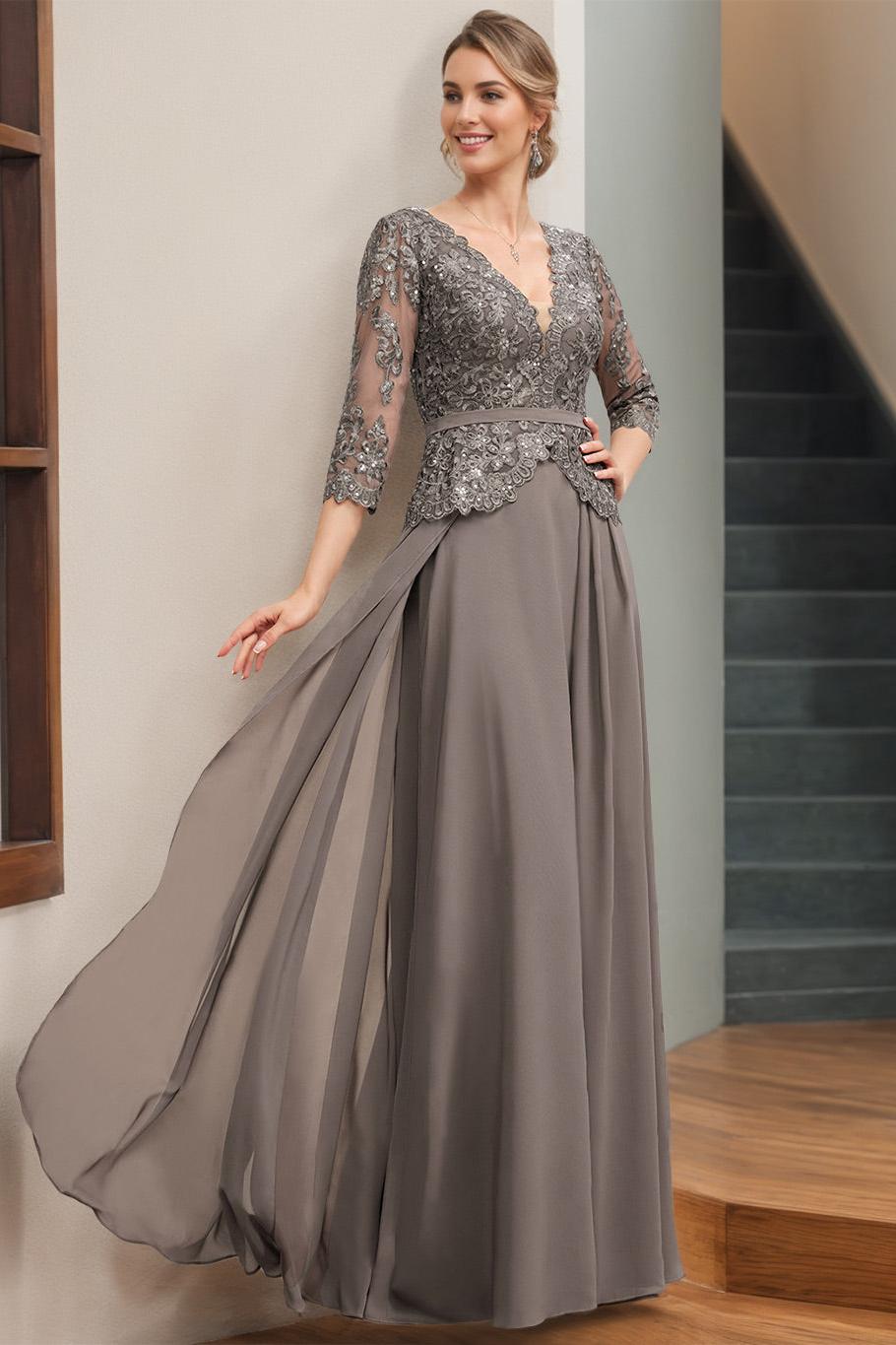 A Line V Neck Long Mother of the Bride Dress with 3/4 Sleeves Appliques & Sequins