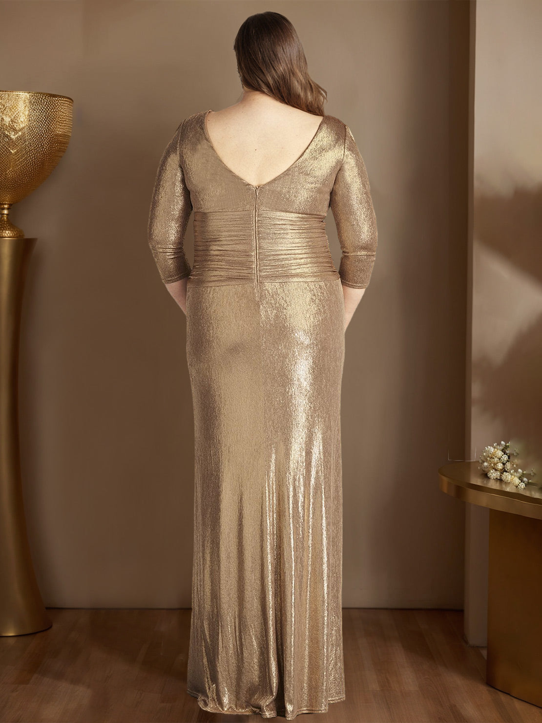 A Line V Neck Long Plus Size Mother of the Bride Dress with 3/4 Sleeves and Ruffles
