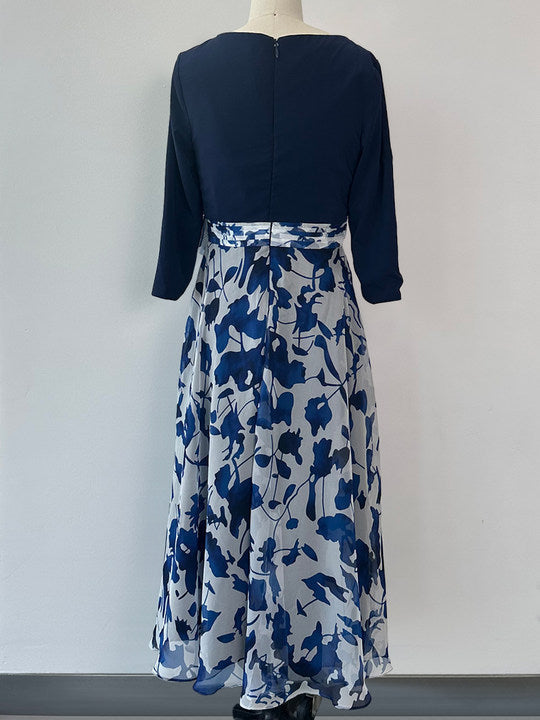 A Line V Neck Floral Mother of the Bride Dress with 3/4 Sleeves and Ankle Length