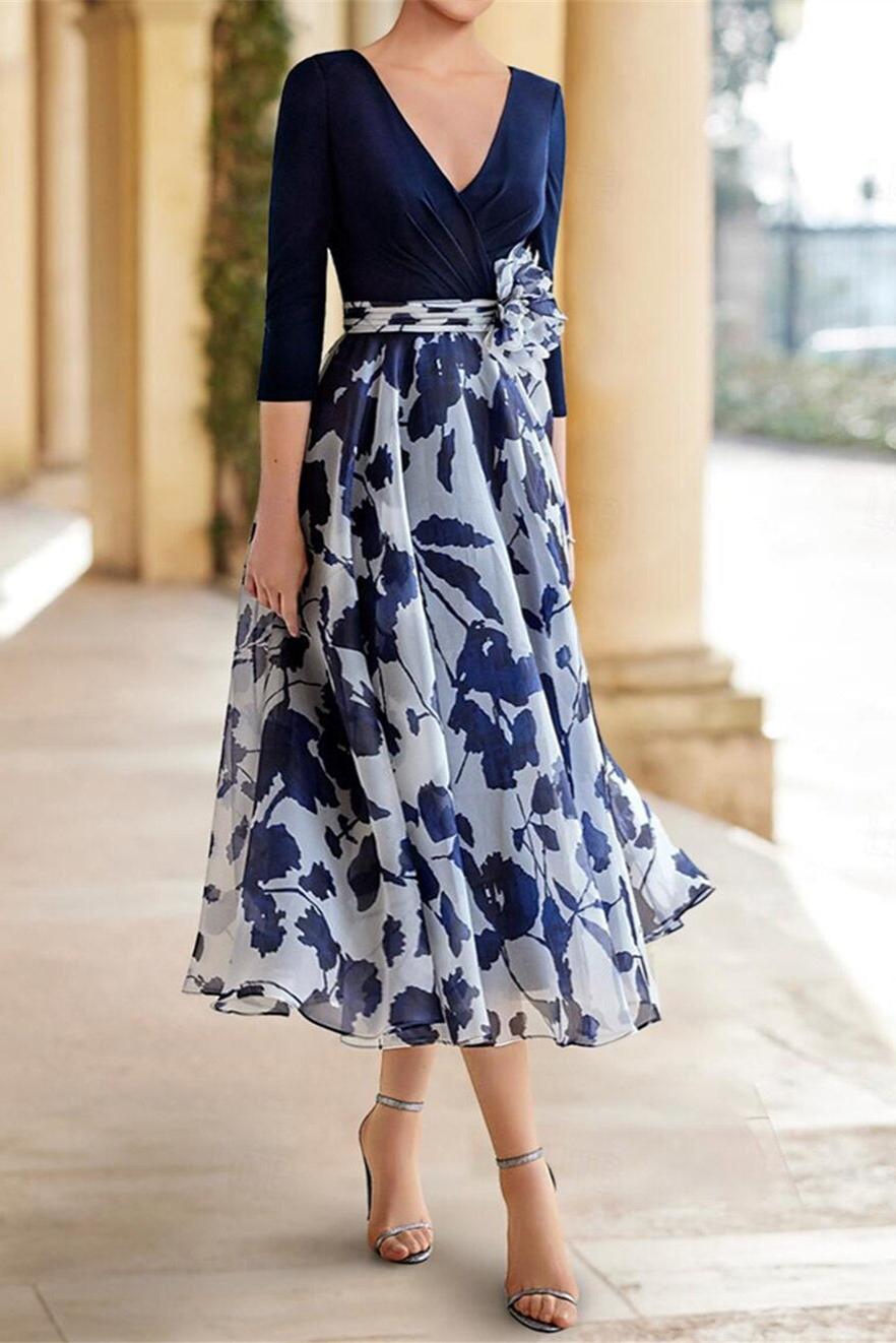 A Line V Neck Floral Mother of the Bride Dress with 3/4 Sleeves and Ankle Length