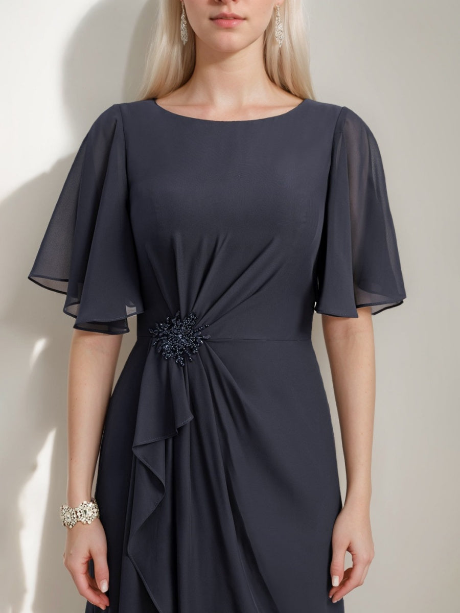 A line Jewel Neck Long Mother of the Bride Dress with Ruffles Crystals and Beads
