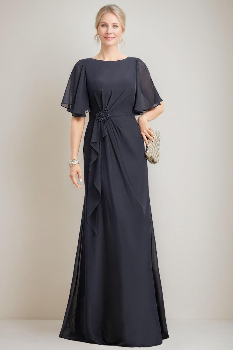 A line Jewel Neck Long Mother of the Bride Dress with Ruffles Crystals and Beads