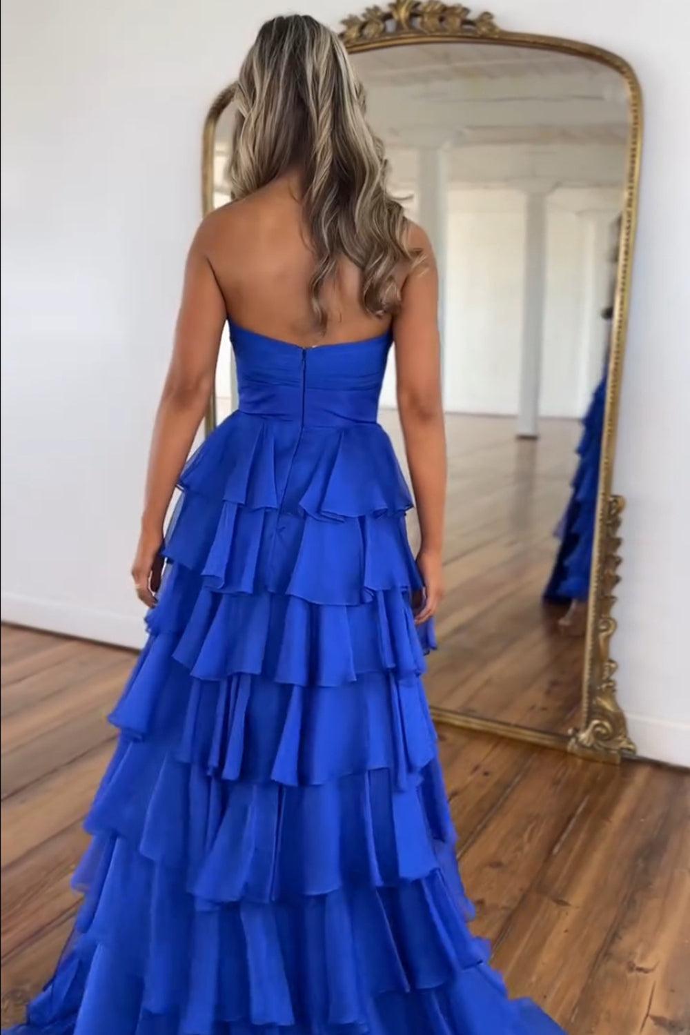 Princess Blush Prom Dress Sweetheart Ruffled Long Formal Dress With Slit