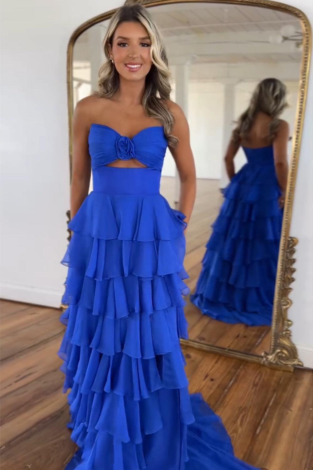 Princess Blush Prom Dress Sweetheart Ruffled Long Formal Dress With Slit