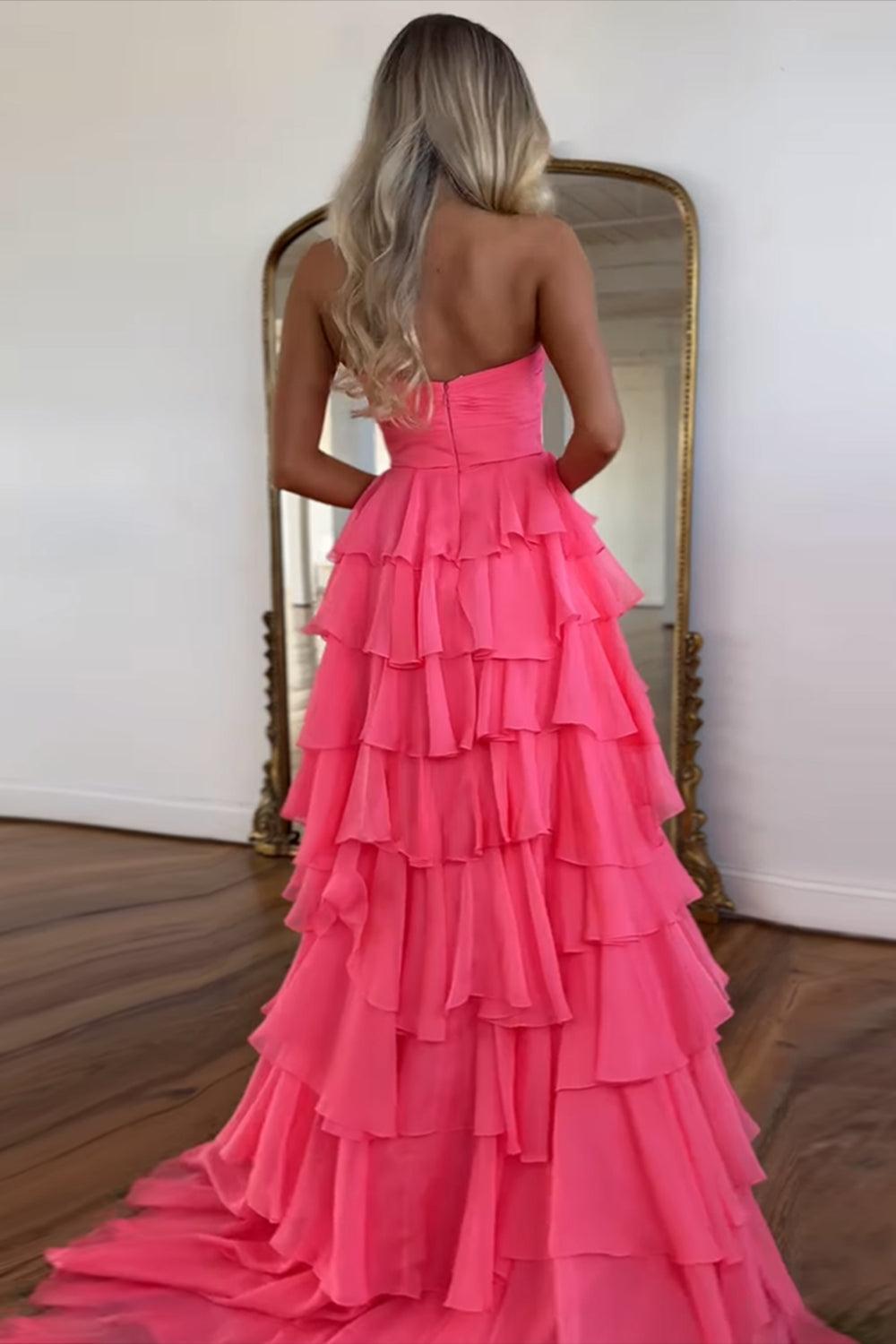 Princess Blush Prom Dress Sweetheart Ruffled Long Formal Dress With Slit