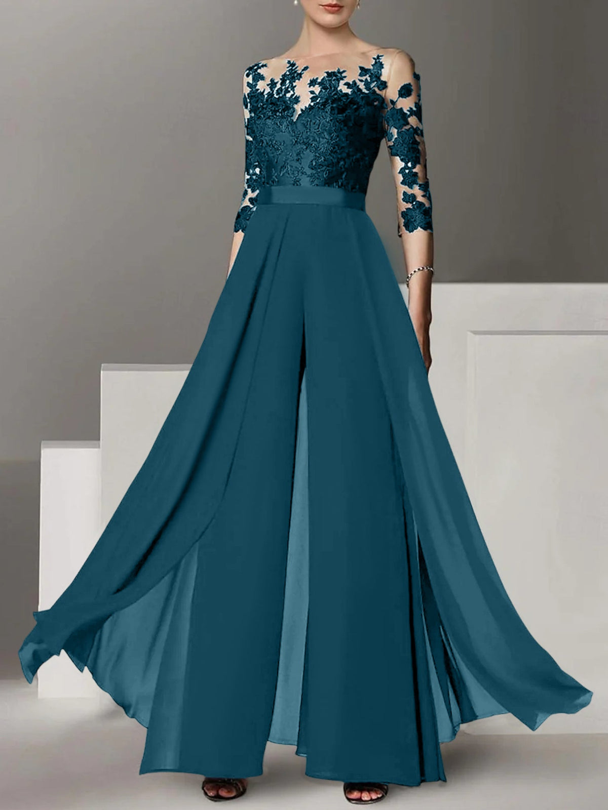 Jewel Neck A Line Long Mother of the Bride Pantsuit with Applique and 3/4 Sleeves