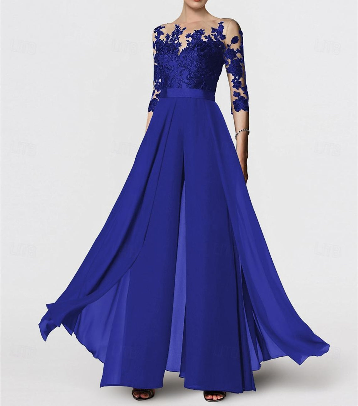 Jewel Neck A Line Long Mother of the Bride Pantsuit with Applique and 3/4 Sleeves