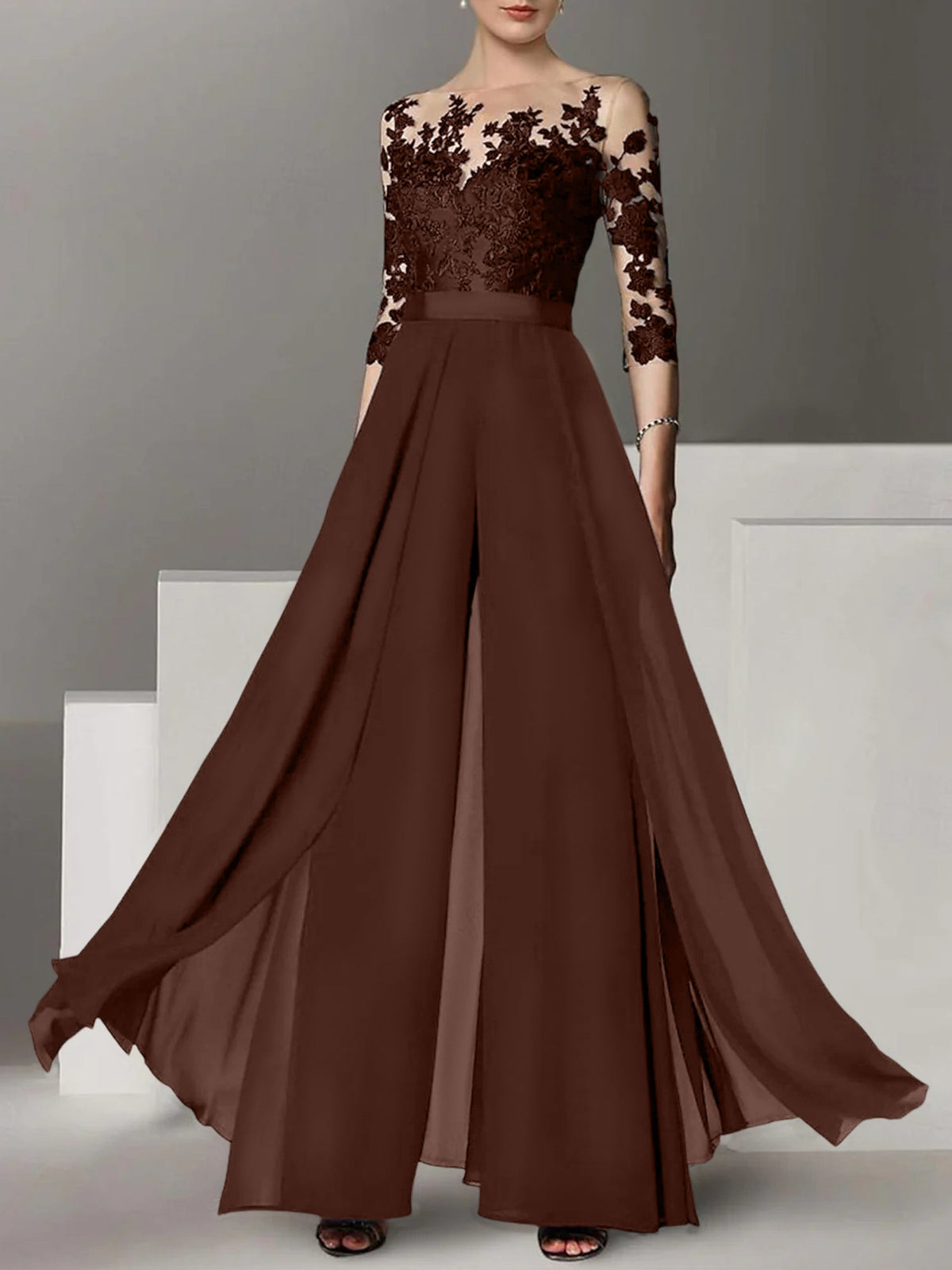 Jewel Neck A Line Long Mother of the Bride Pantsuit with Applique and 3/4 Sleeves