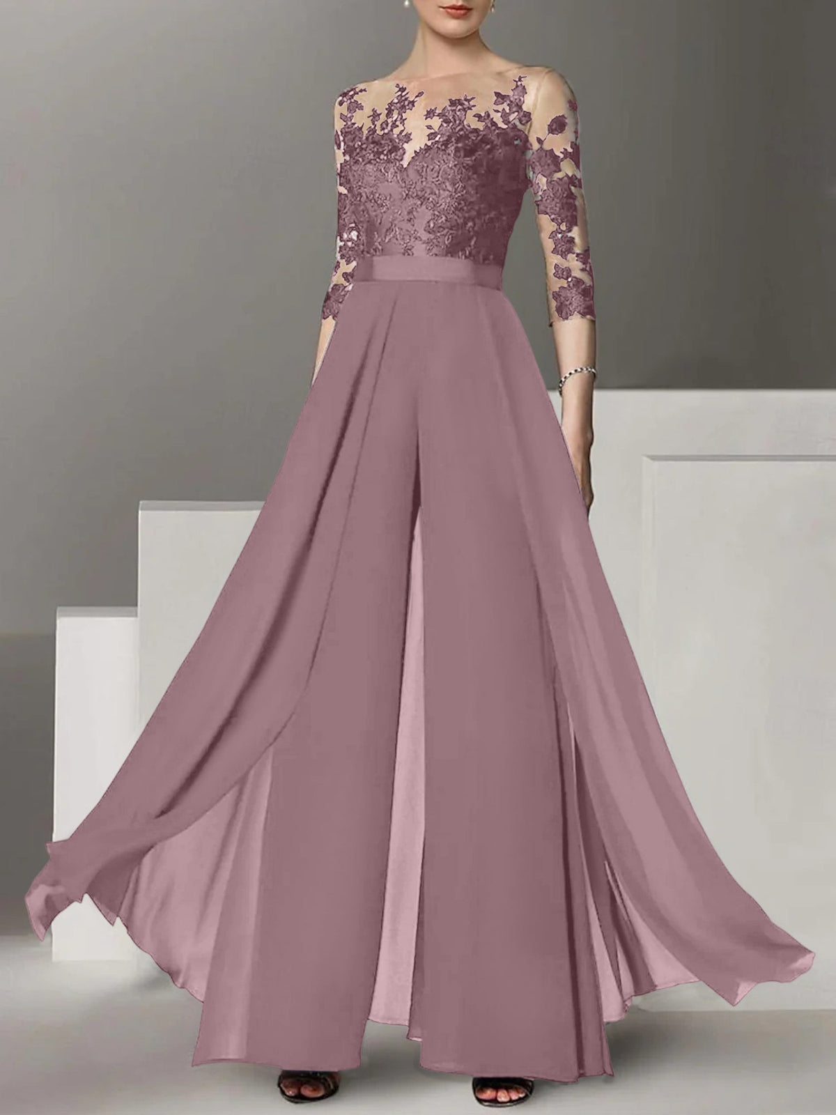 Jewel Neck A Line Long Mother of the Bride Pantsuit with Applique and 3/4 Sleeves