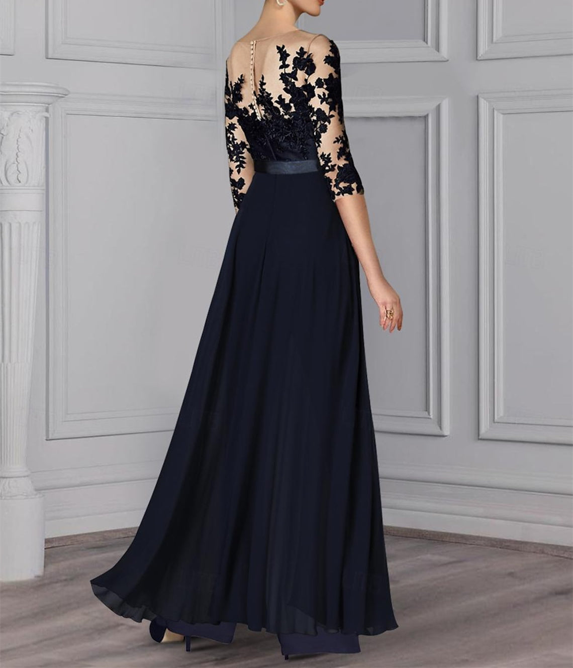 Jewel Neck A Line Long Mother of the Bride Pantsuit with Applique and 3/4 Sleeves