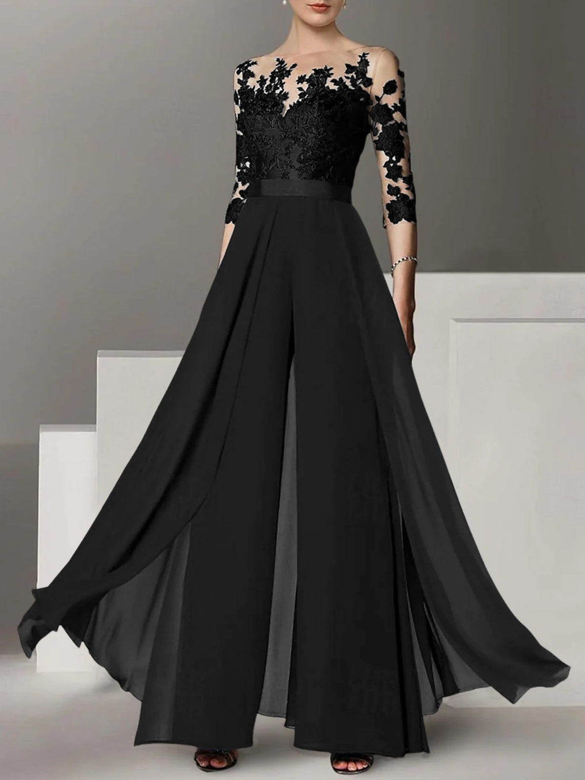 Jewel Neck A Line Long Mother of the Bride Pantsuit with Applique and 3/4 Sleeves