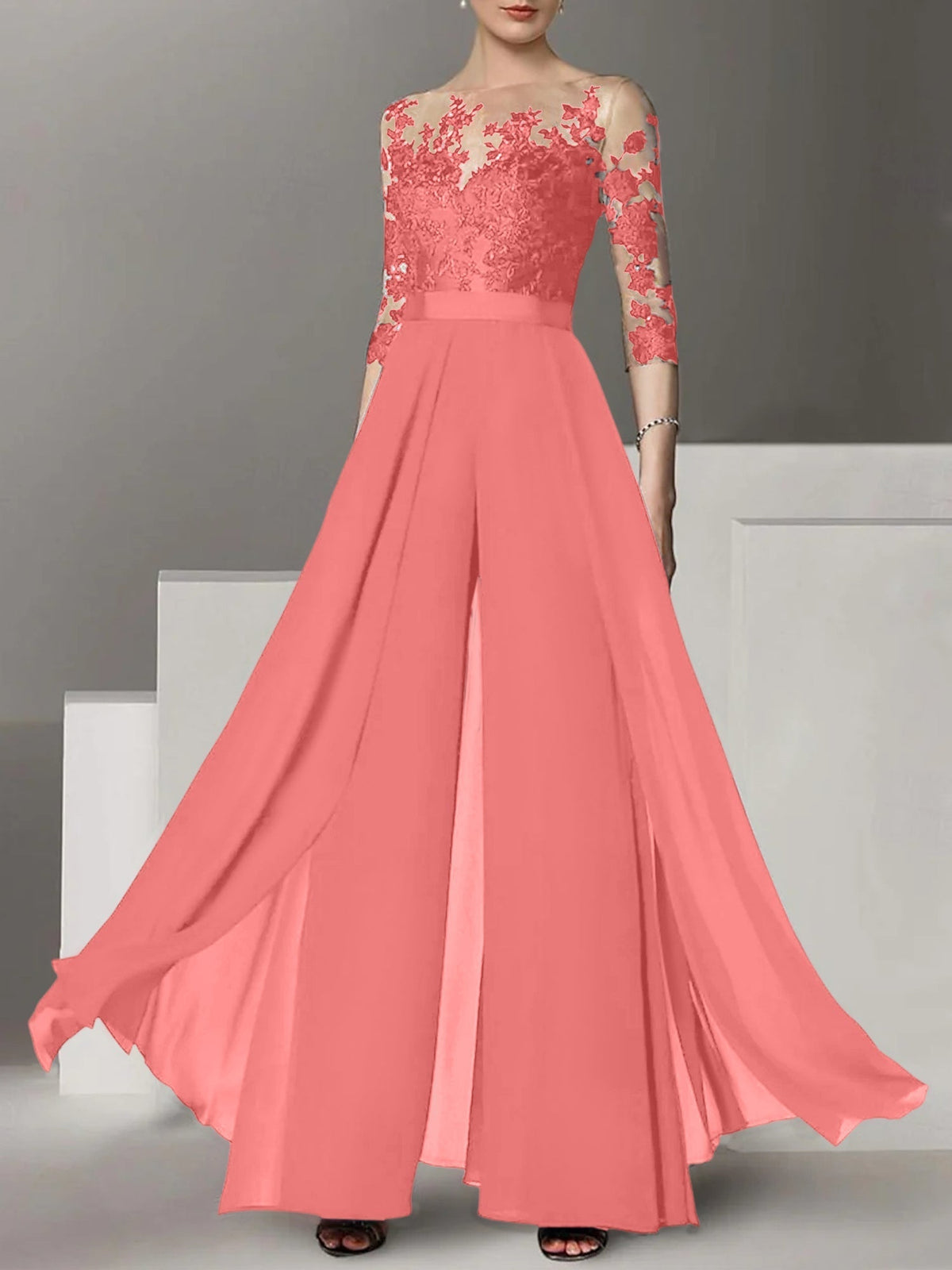 Jewel Neck A Line Long Mother of the Bride Pantsuit with Applique and 3/4 Sleeves
