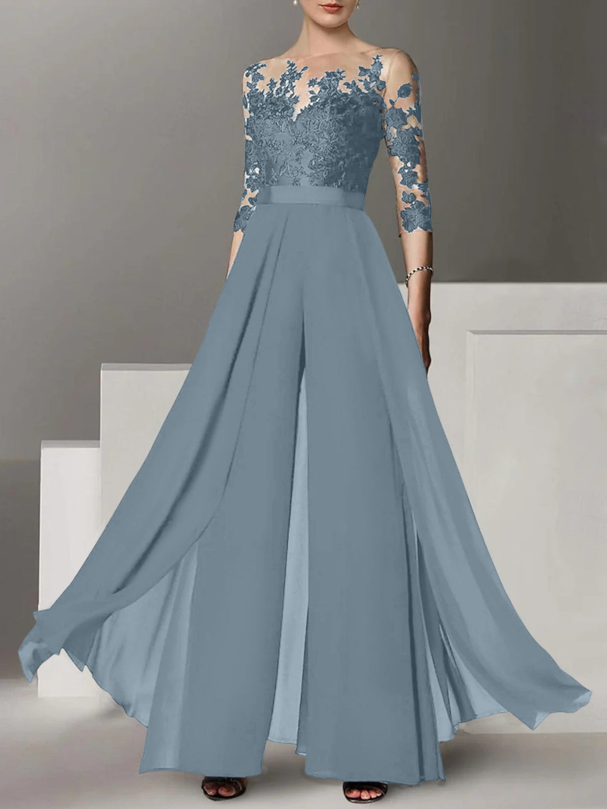 Jewel Neck A Line Long Mother of the Bride Pantsuit with Applique and 3/4 Sleeves