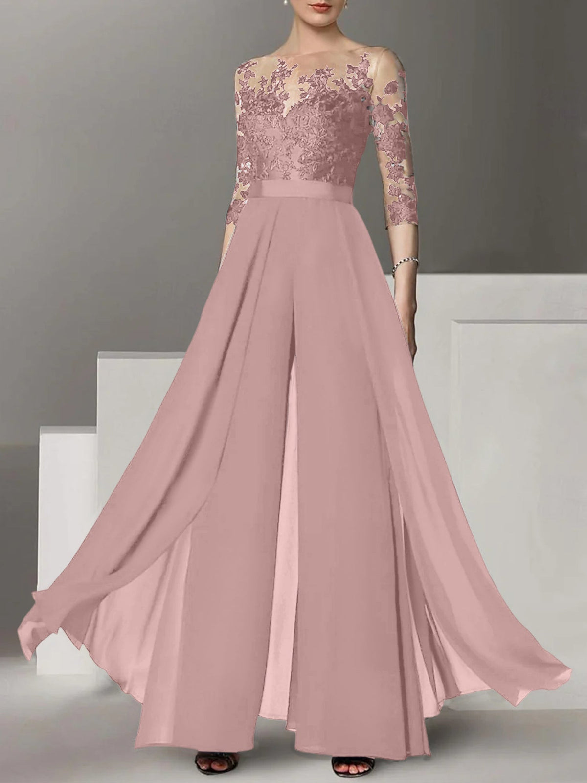 Jewel Neck A Line Long Mother of the Bride Pantsuit with Applique and 3/4 Sleeves