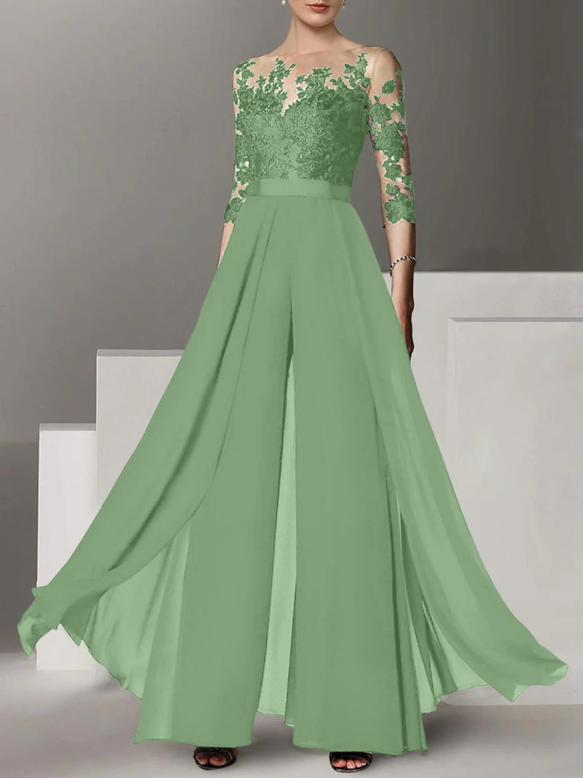 Jewel Neck A Line Long Mother of the Bride Pantsuit with Applique and 3/4 Sleeves