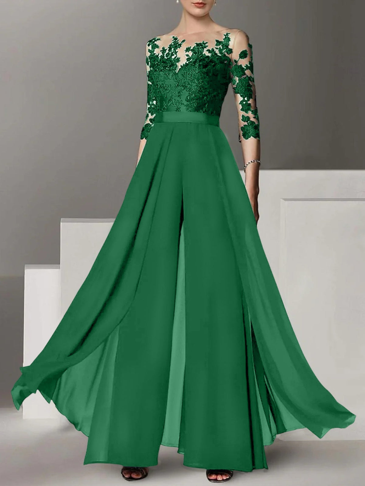 Jewel Neck A Line Long Mother of the Bride Pantsuit with Applique and 3/4 Sleeves