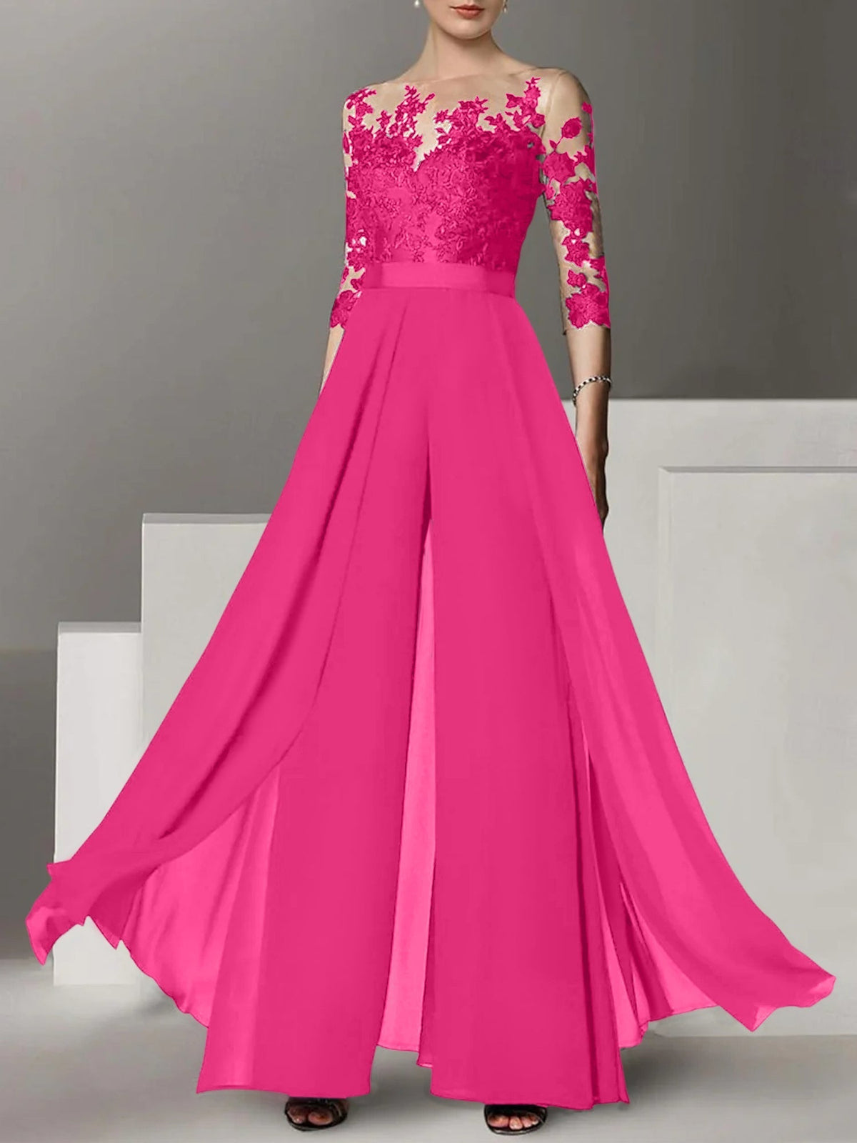 Jewel Neck A Line Long Mother of the Bride Pantsuit with Applique and 3/4 Sleeves