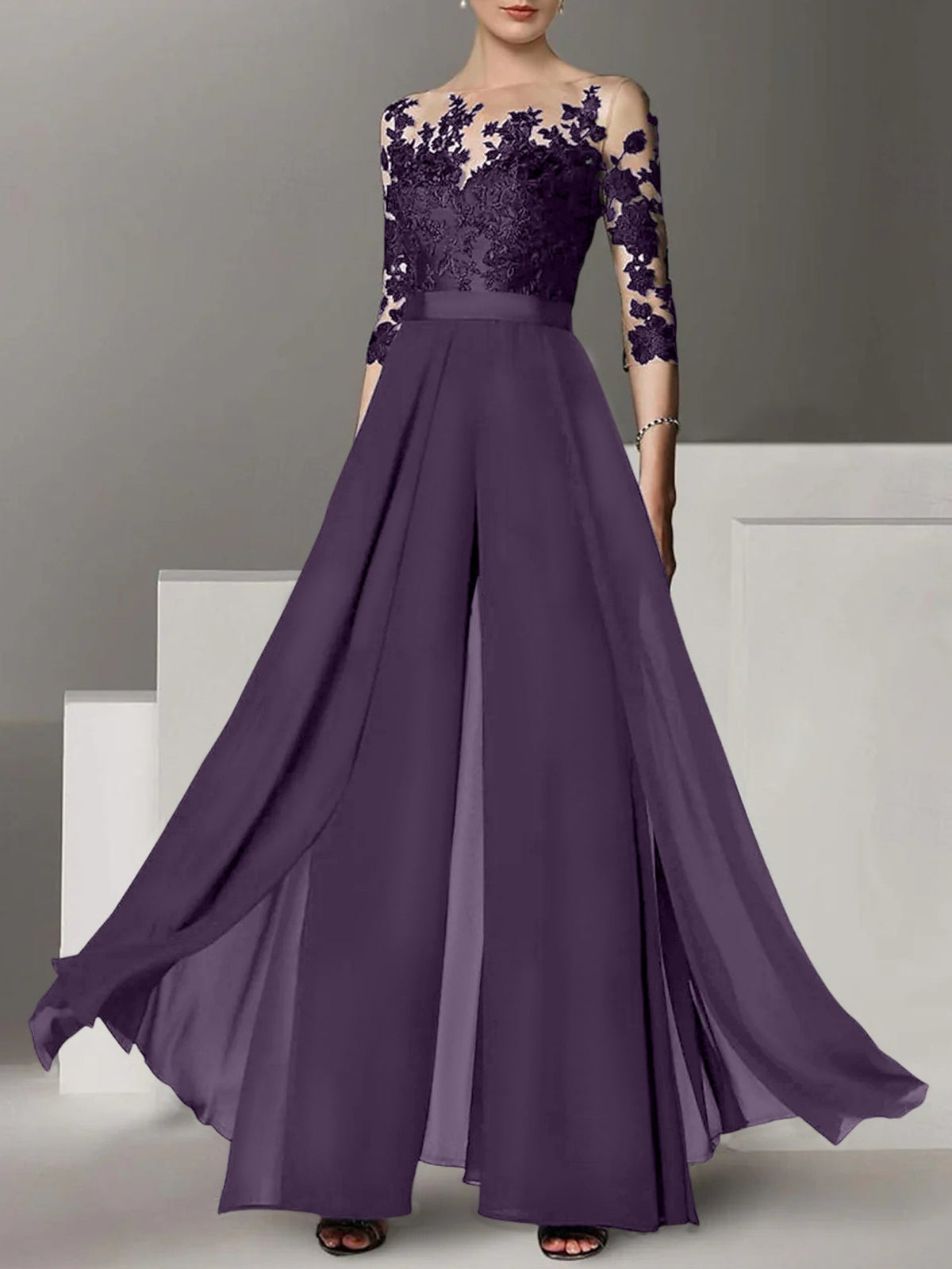 Jewel Neck A Line Long Mother of the Bride Pantsuit with Applique and 3/4 Sleeves