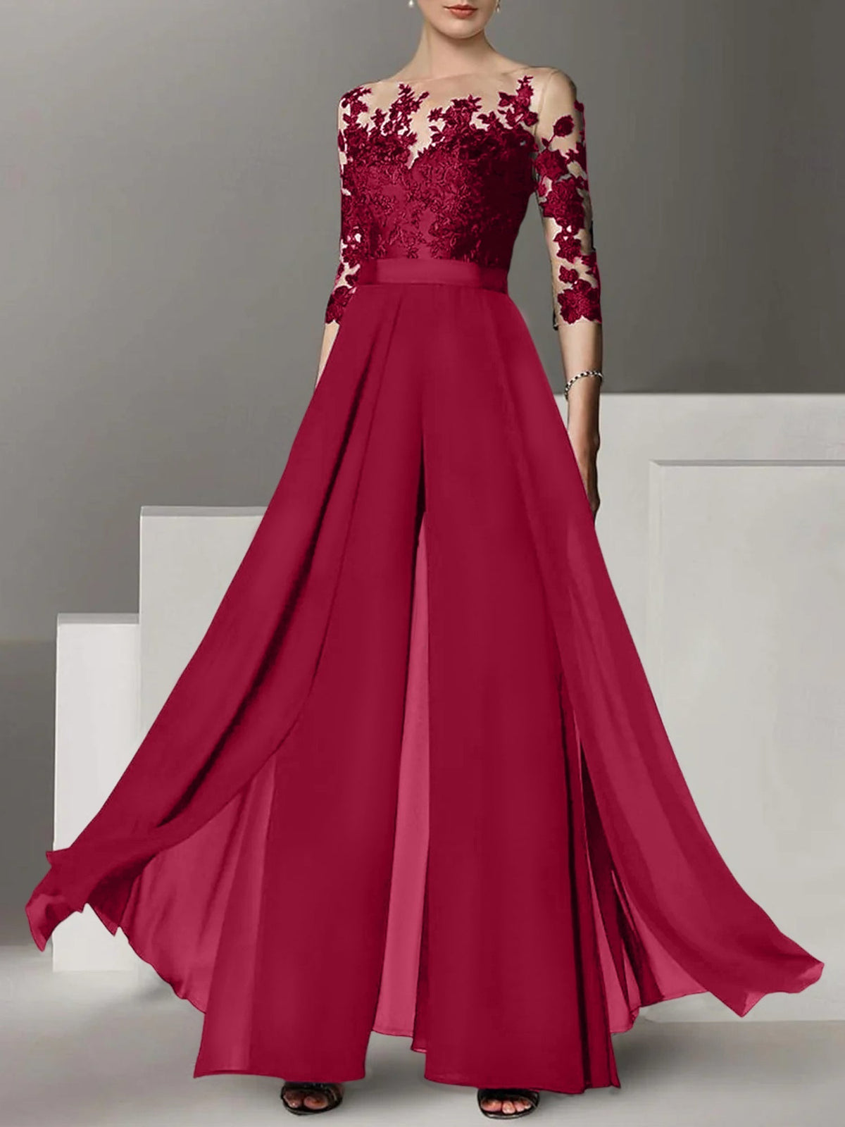 Jewel Neck A Line Long Mother of the Bride Pantsuit with Applique and 3/4 Sleeves