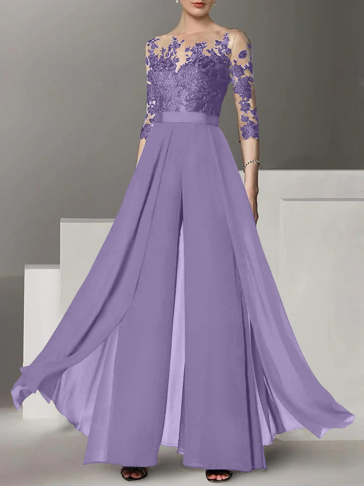 Jewel Neck A Line Long Mother of the Bride Pantsuit with Applique and 3/4 Sleeves
