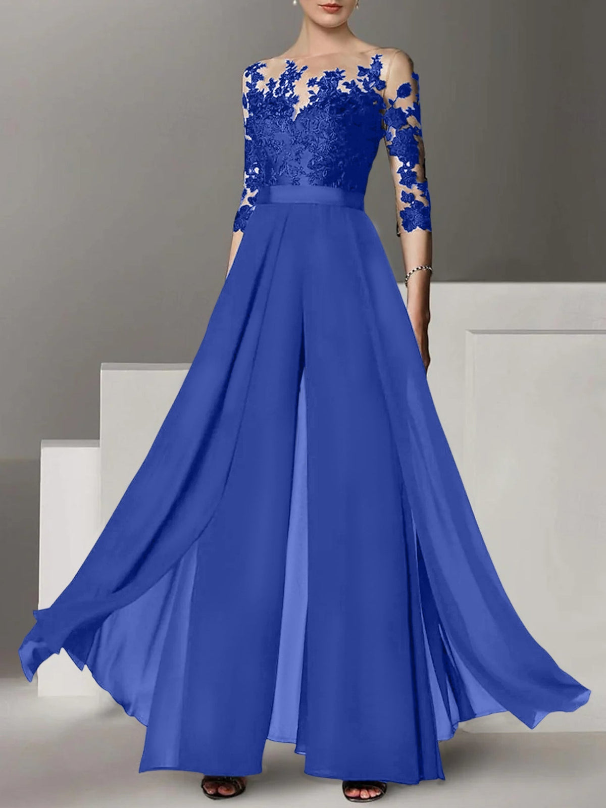 Jewel Neck A Line Long Mother of the Bride Pantsuit with Applique and 3/4 Sleeves