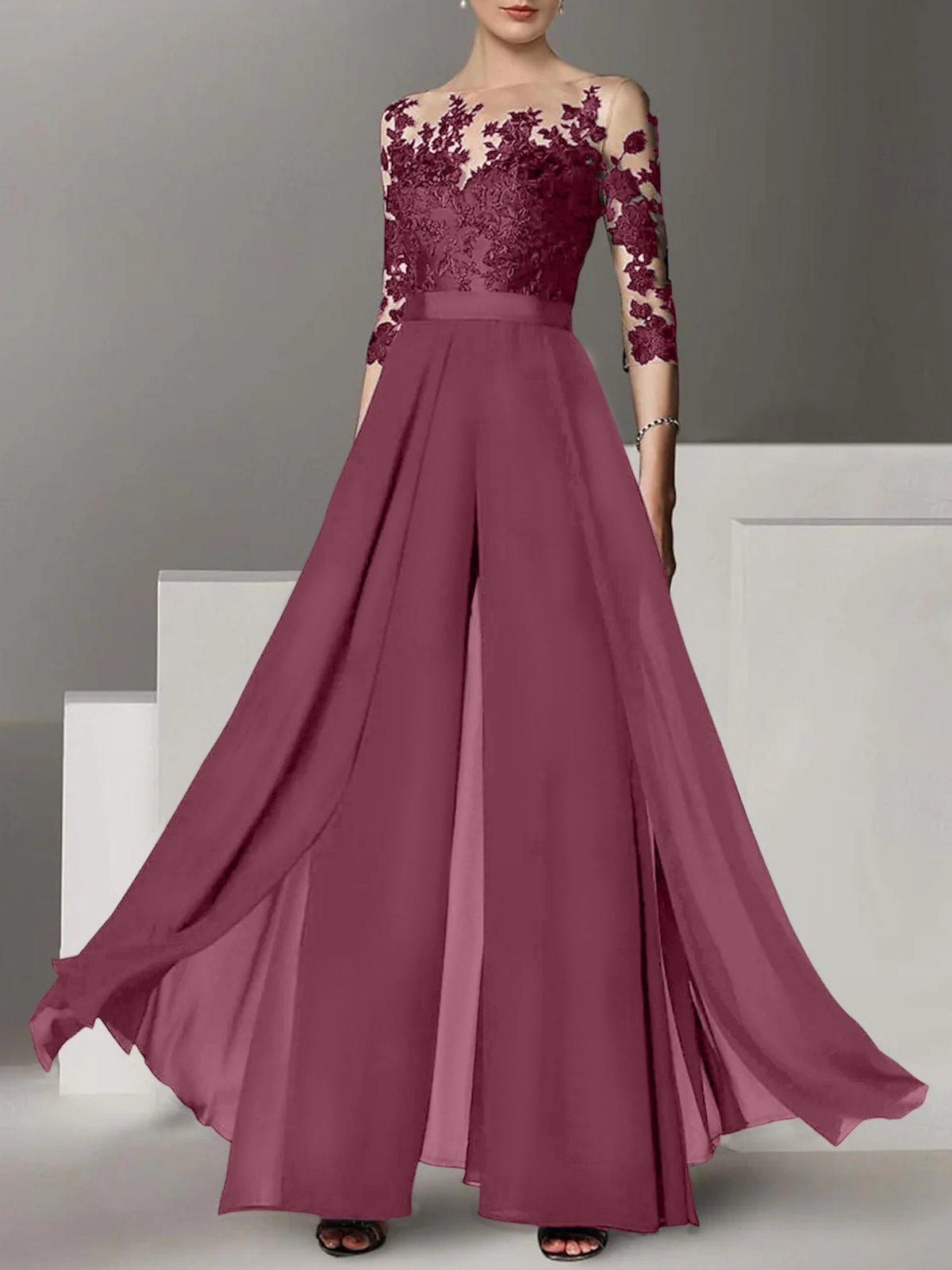 Jewel Neck A Line Long Mother of the Bride Pantsuit with Applique and 3/4 Sleeves