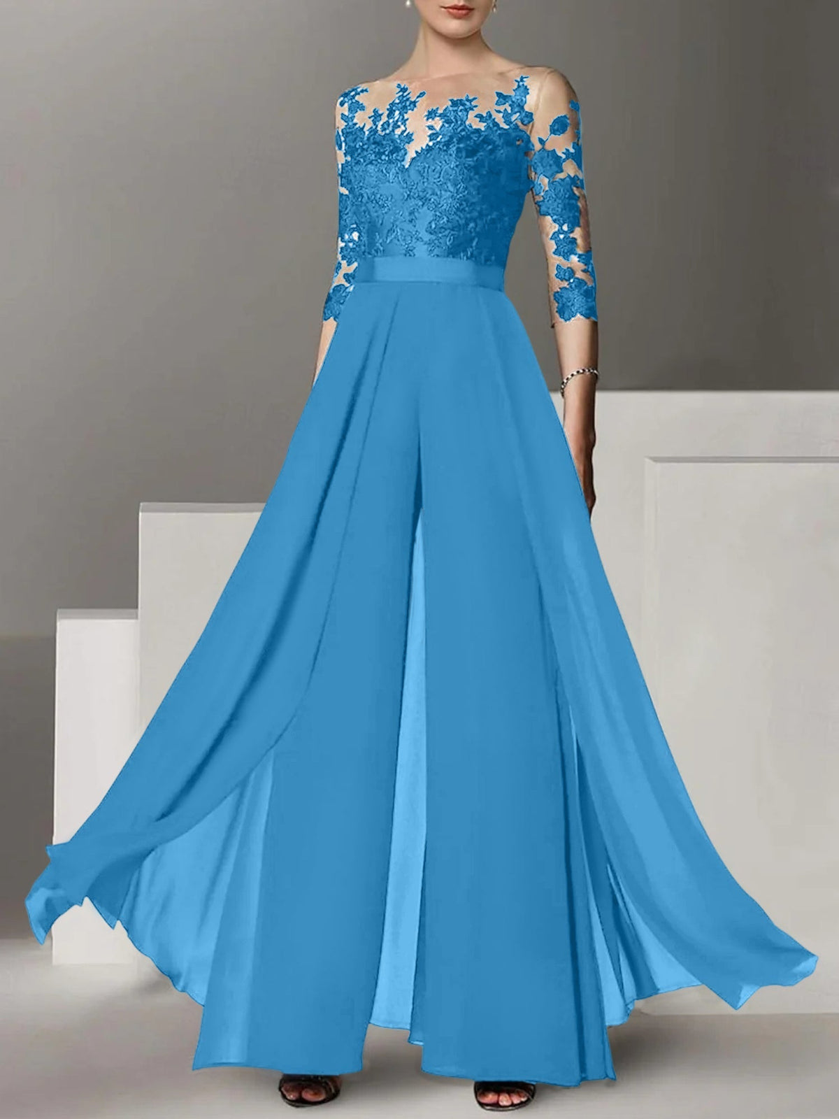 Jewel Neck A Line Long Mother of the Bride Pantsuit with Applique and 3/4 Sleeves