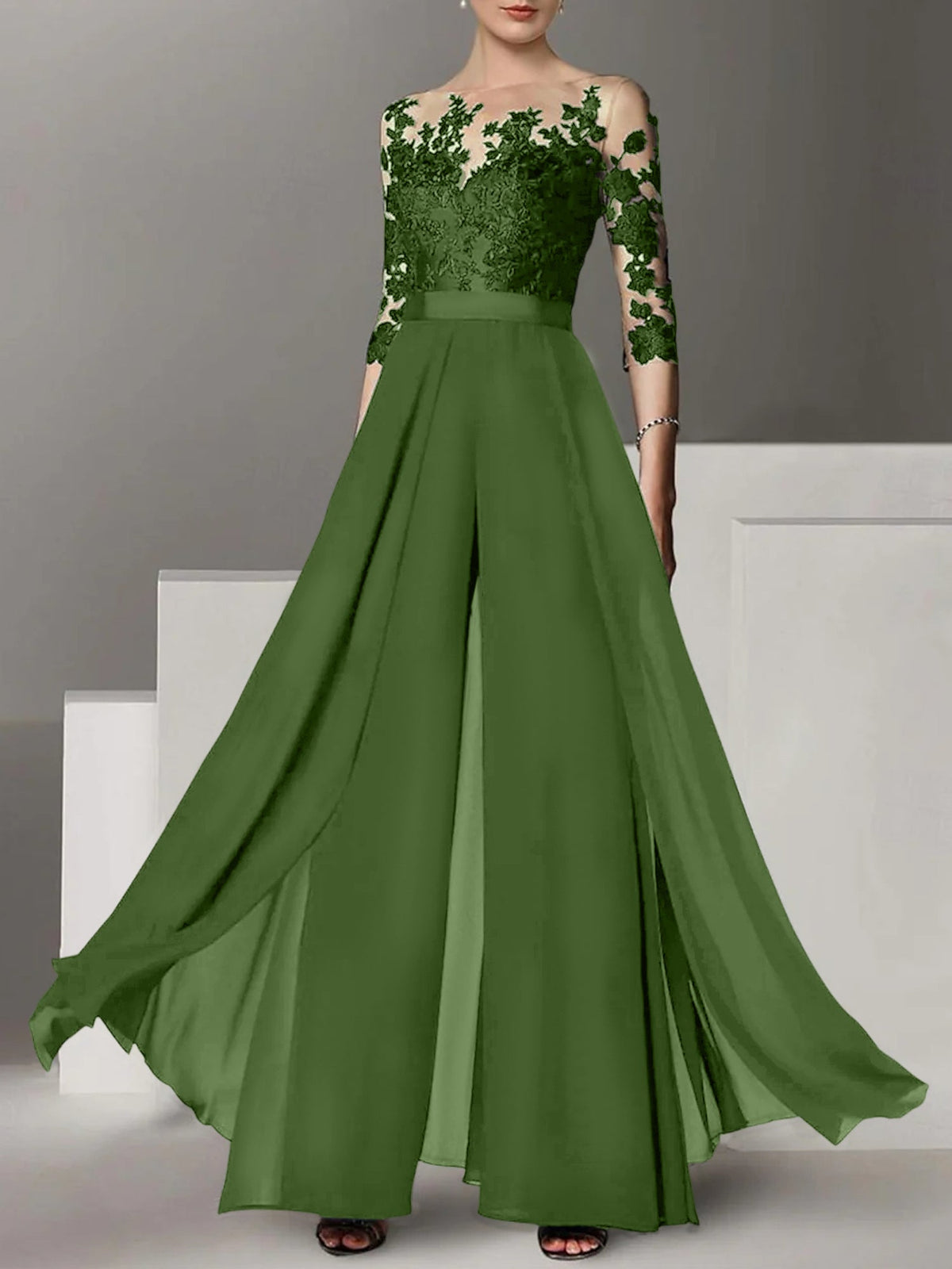 Jewel Neck A Line Long Mother of the Bride Pantsuit with Applique and 3/4 Sleeves