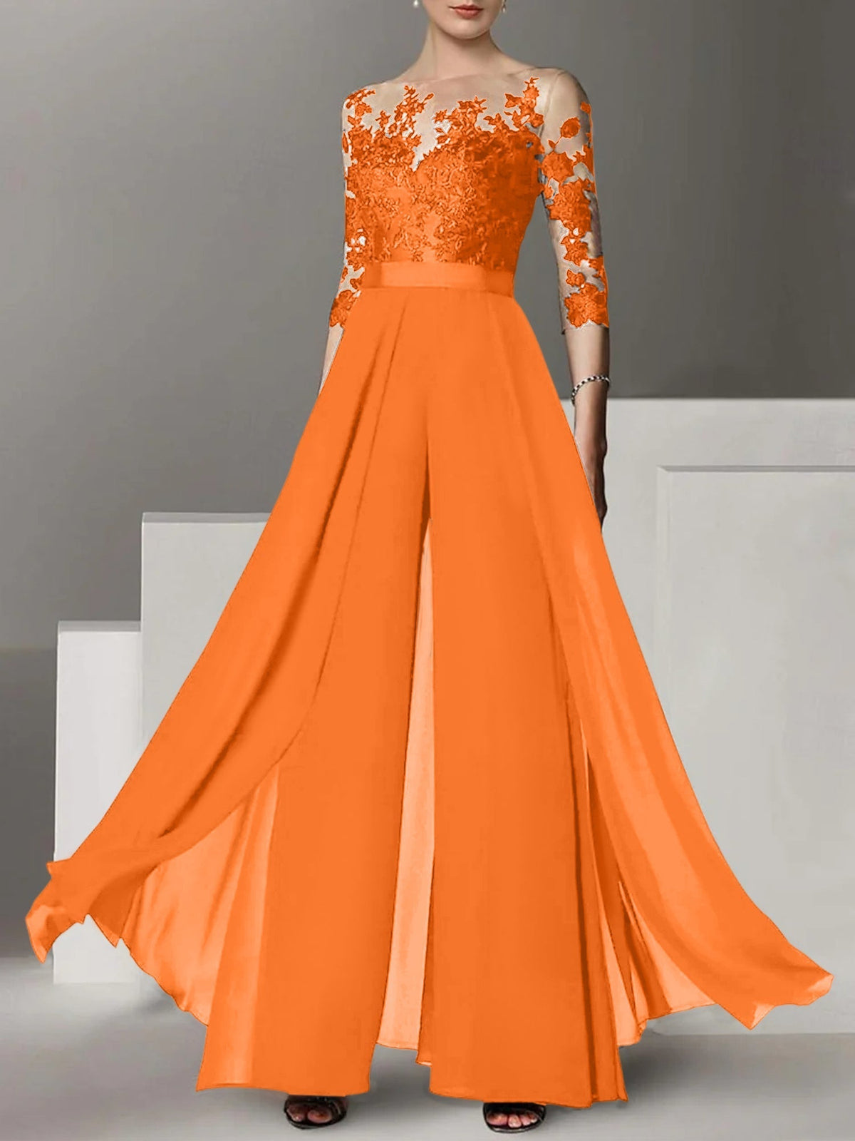 Jewel Neck A Line Long Mother of the Bride Pantsuit with Applique and 3/4 Sleeves
