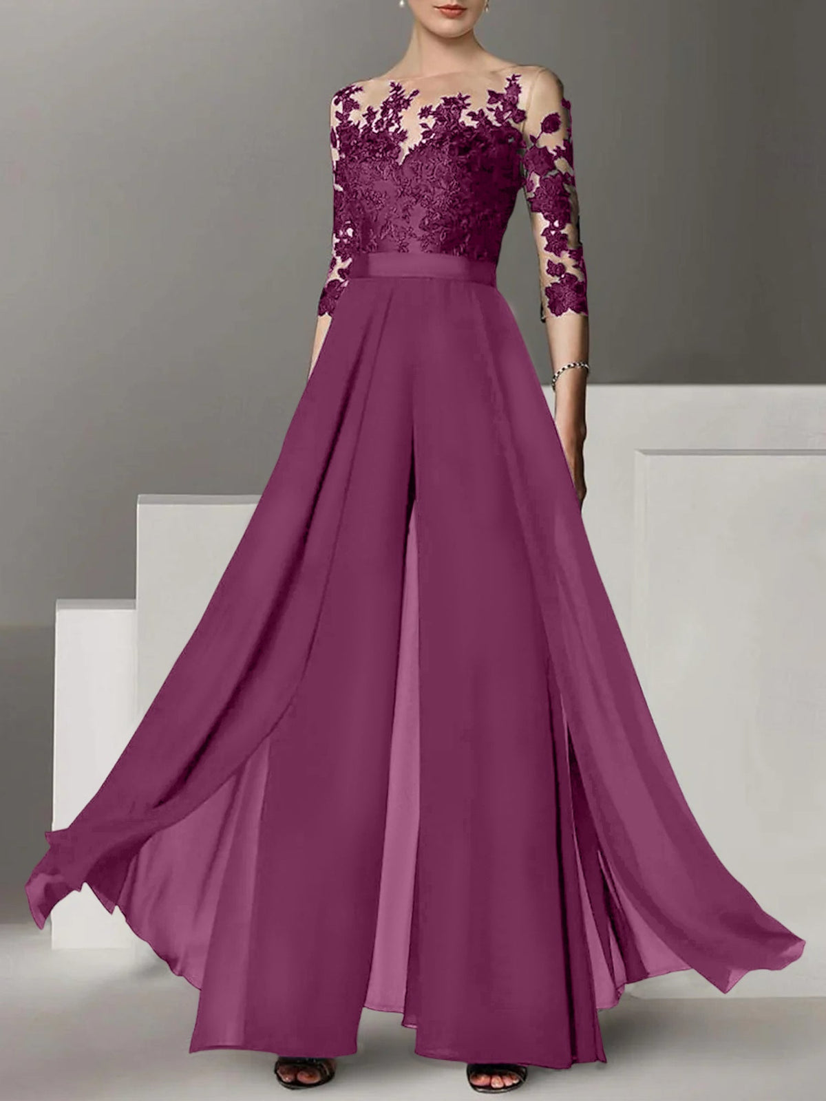 Jewel Neck A Line Long Mother of the Bride Pantsuit with Applique and 3/4 Sleeves