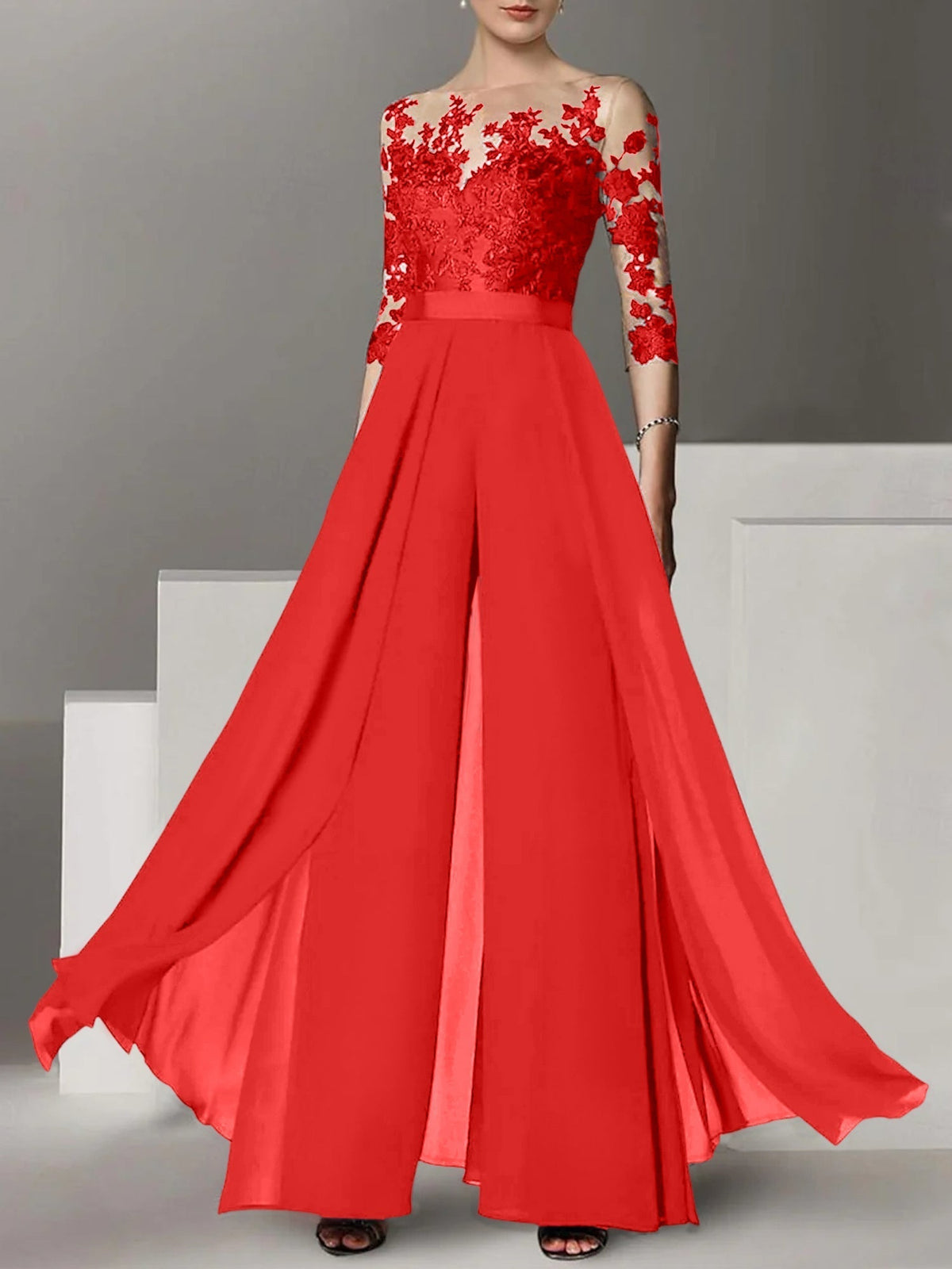 Jewel Neck A Line Long Mother of the Bride Pantsuit with Applique and 3/4 Sleeves