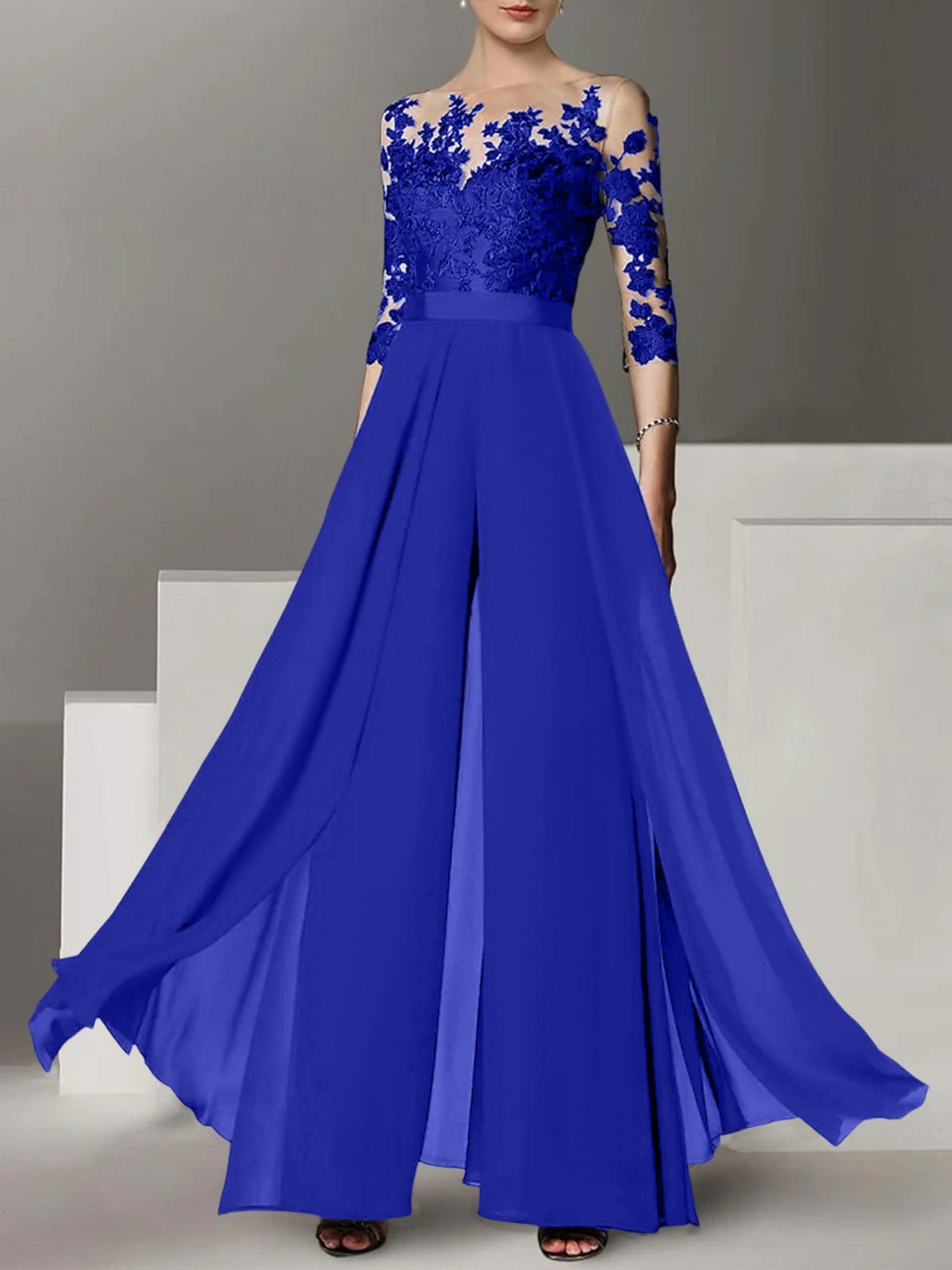 Jewel Neck A Line Long Mother of the Bride Pantsuit with Applique and 3/4 Sleeves