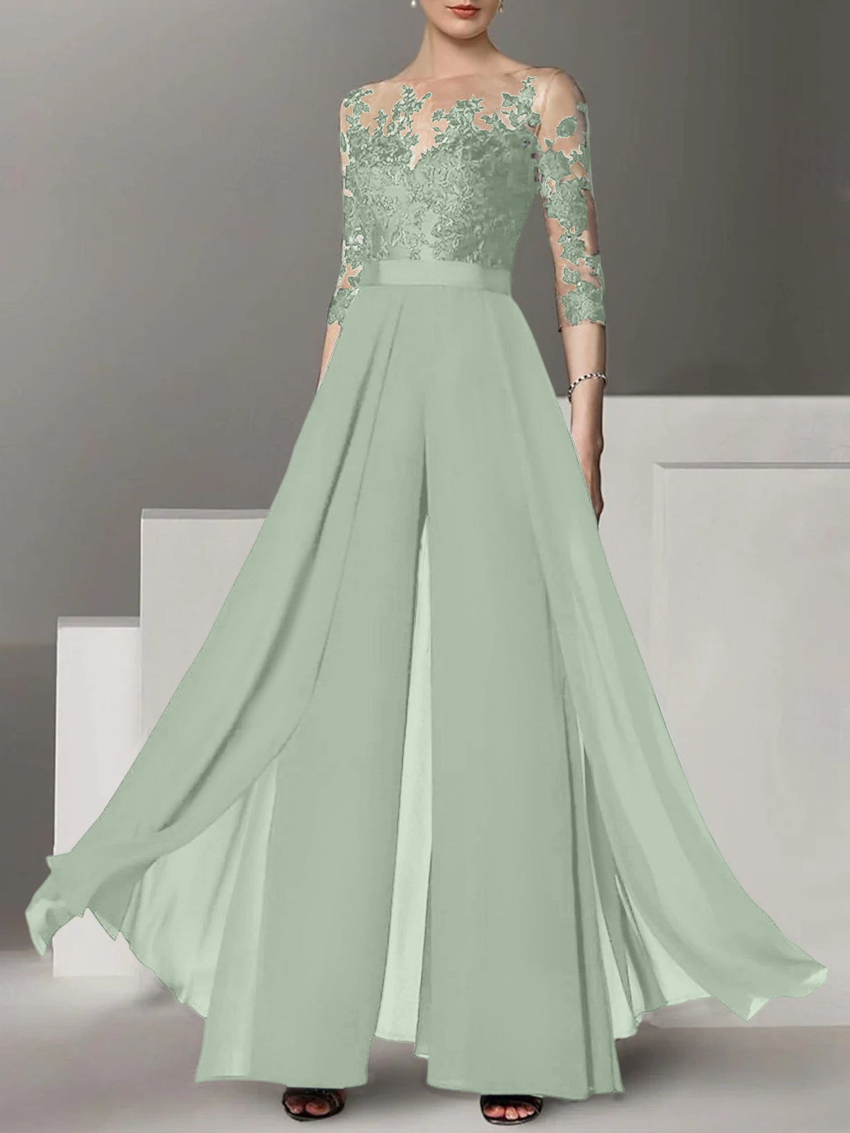 Jewel Neck A Line Long Mother of the Bride Pantsuit with Applique and 3/4 Sleeves
