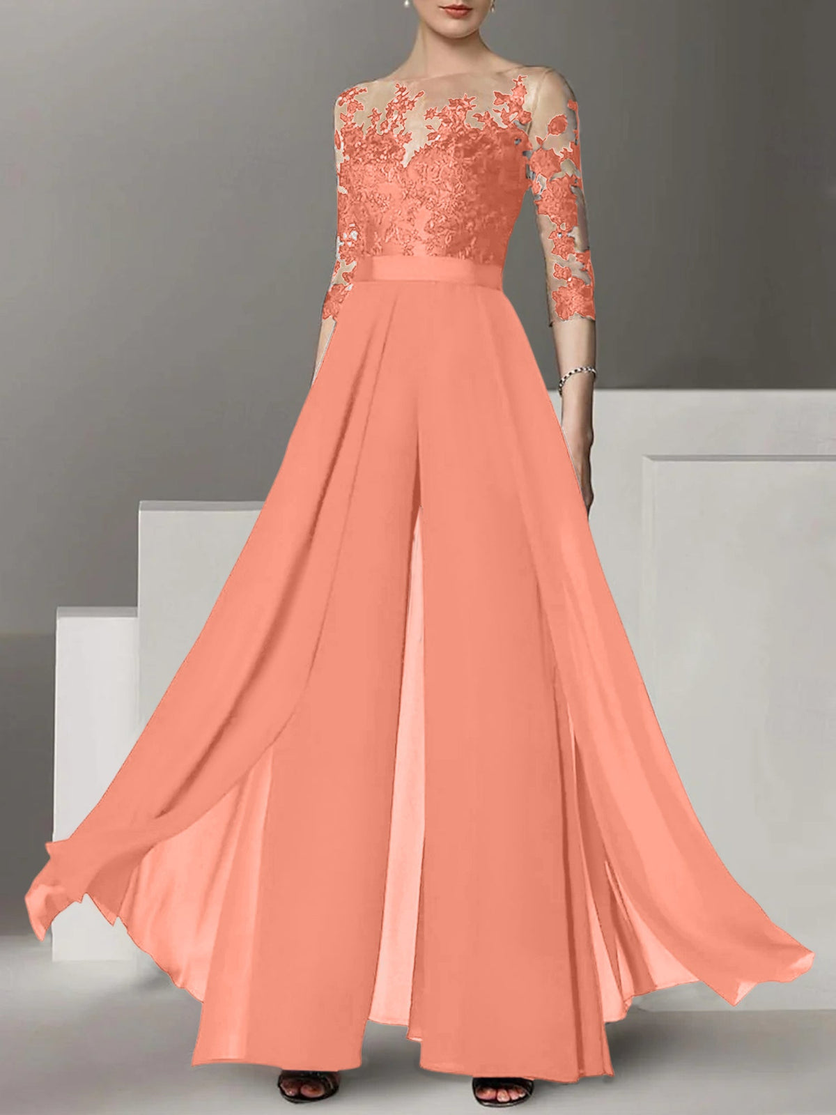 Jewel Neck A Line Long Mother of the Bride Pantsuit with Applique and 3/4 Sleeves