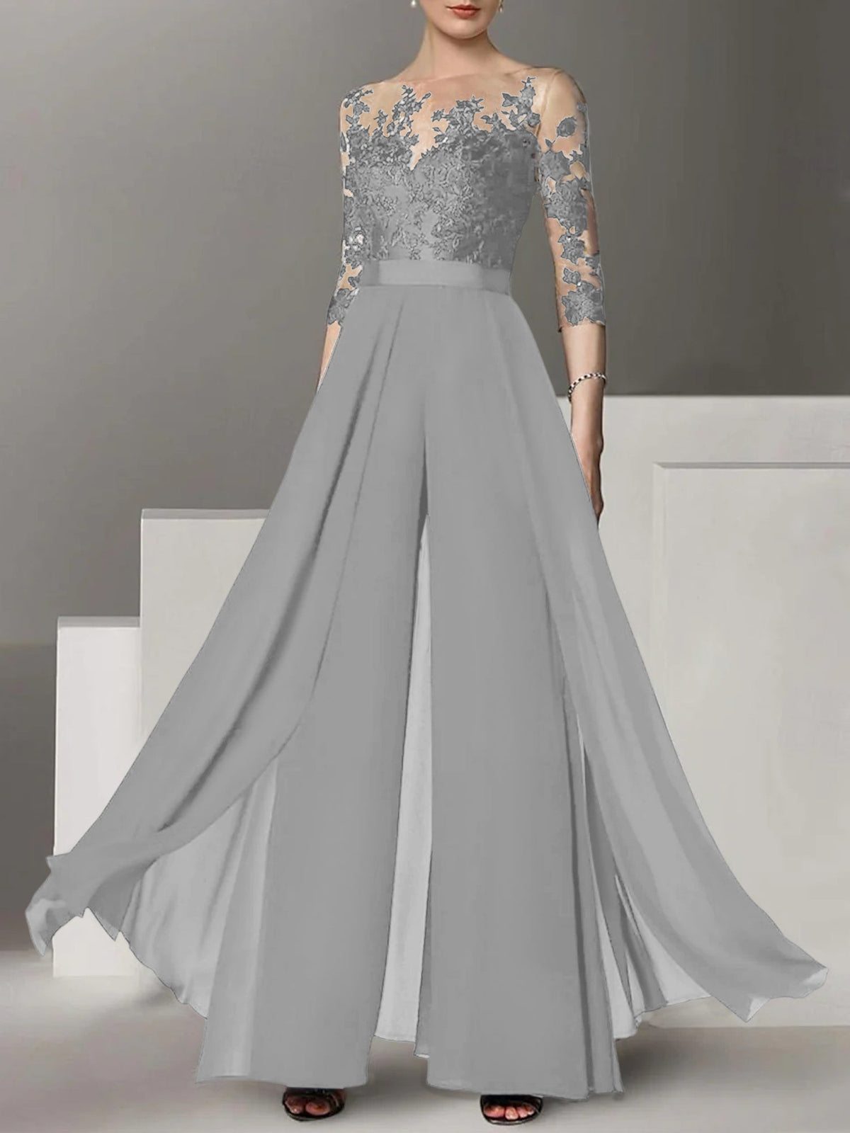 Jewel Neck A Line Long Mother of the Bride Pantsuit with Applique and 3/4 Sleeves