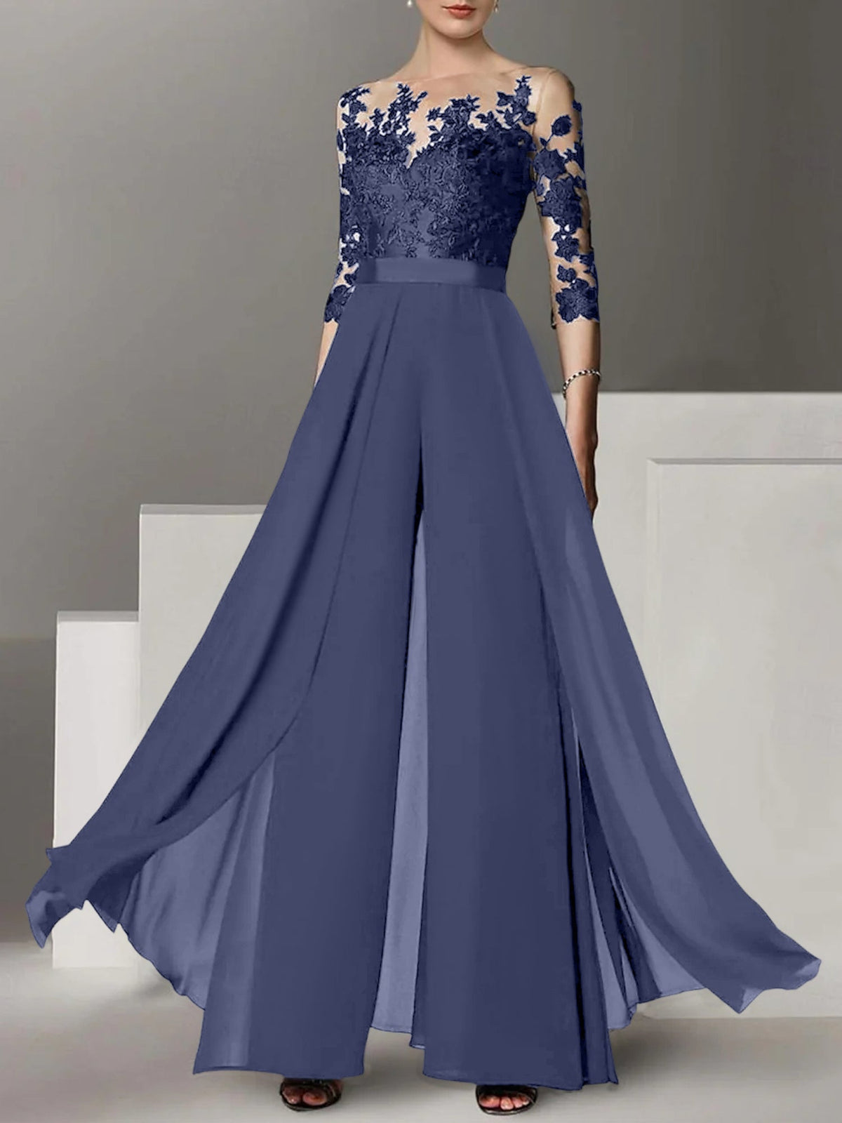 Jewel Neck A Line Long Mother of the Bride Pantsuit with Applique and 3/4 Sleeves
