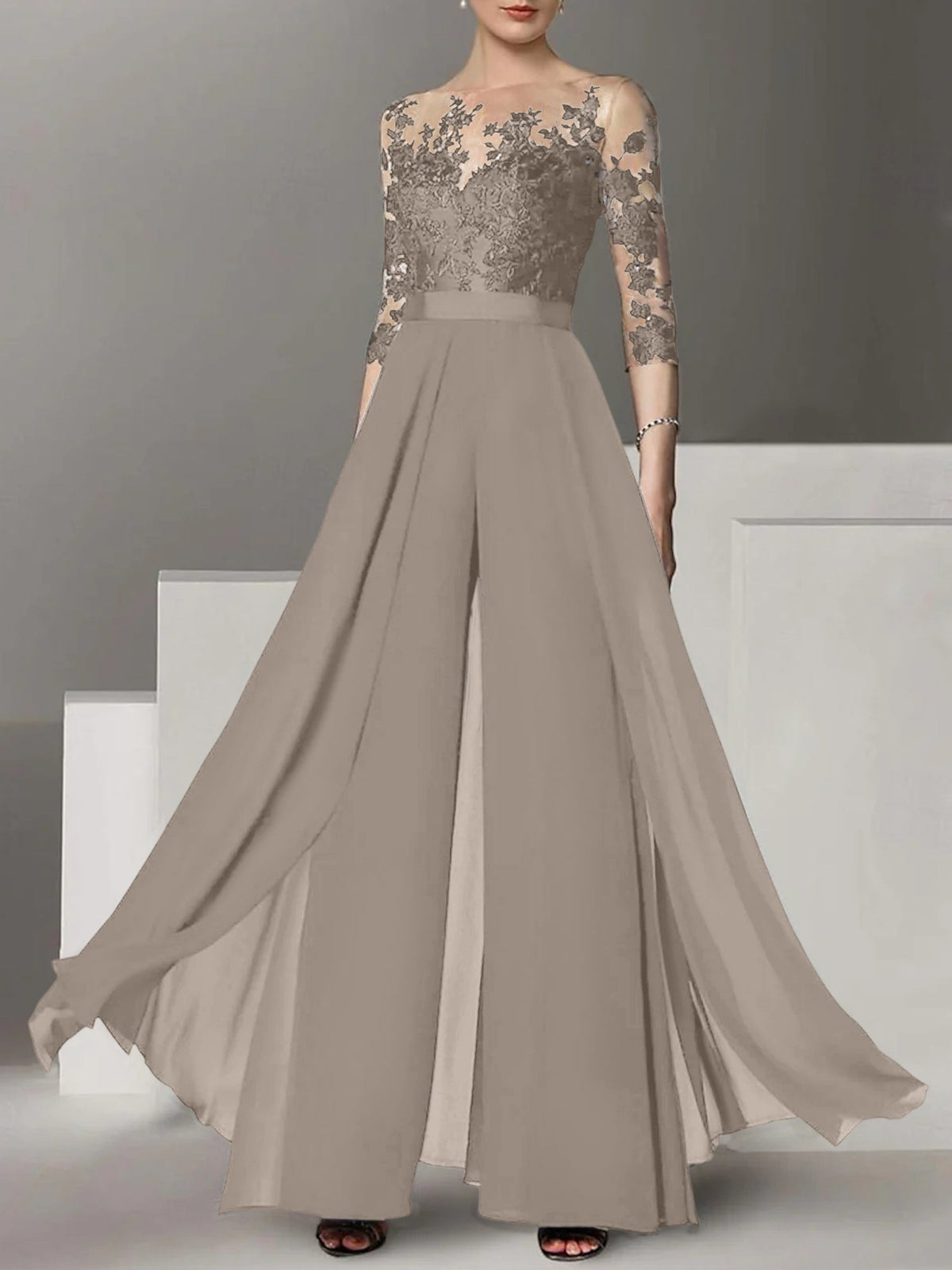 Jewel Neck A Line Long Mother of the Bride Pantsuit with Applique and 3/4 Sleeves