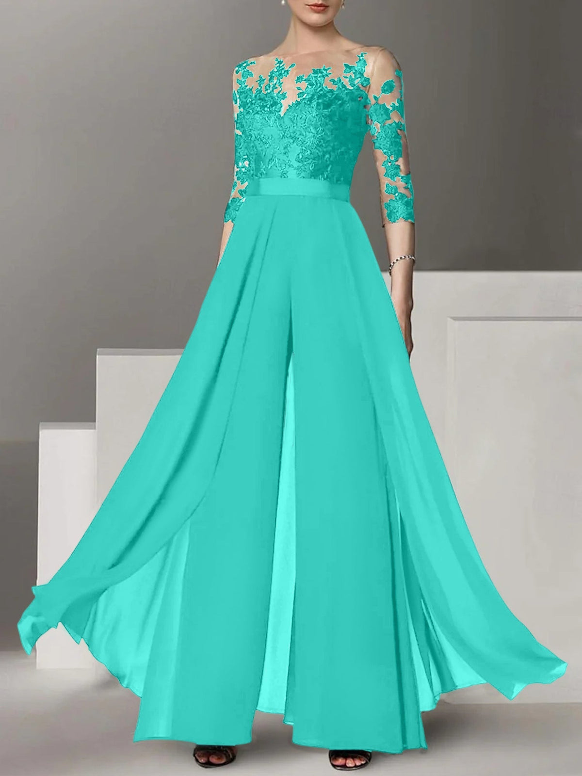 Jewel Neck A Line Long Mother of the Bride Pantsuit with Applique and 3/4 Sleeves
