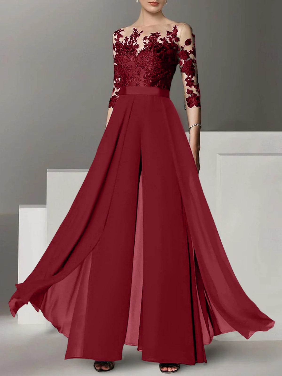 Jewel Neck A Line Long Mother of the Bride Pantsuit with Applique and 3/4 Sleeves