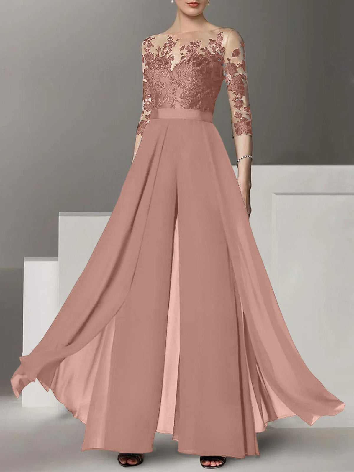 Jewel Neck A Line Long Mother of the Bride Pantsuit with Applique and 3/4 Sleeves